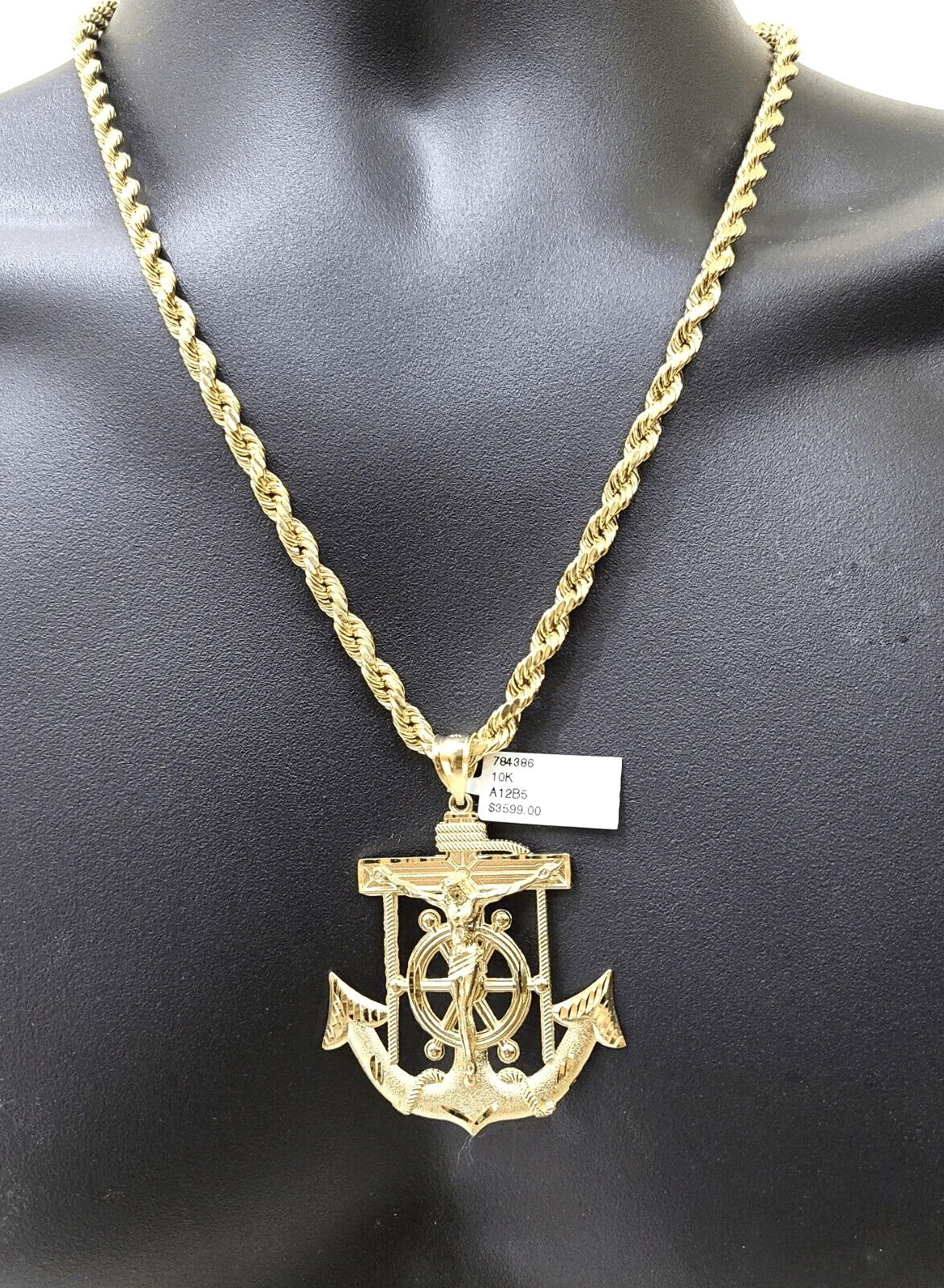 Real 10k Yellow Gold Rope Chain 22'' Necklace anchor cross charm pendant - Image 3