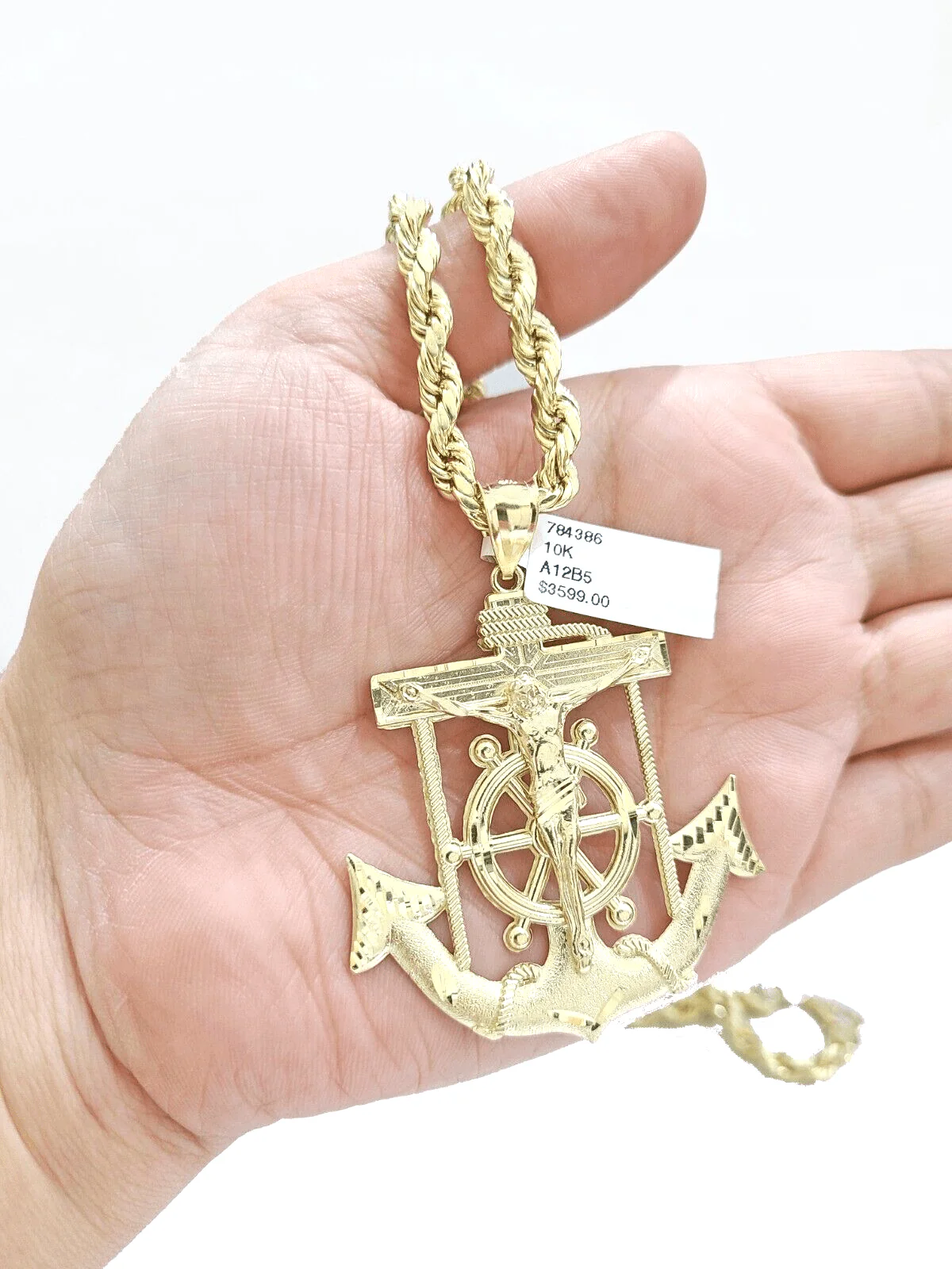 Real 10k Yellow Gold Rope Chain 22'' Necklace anchor cross charm pendant - Image 4