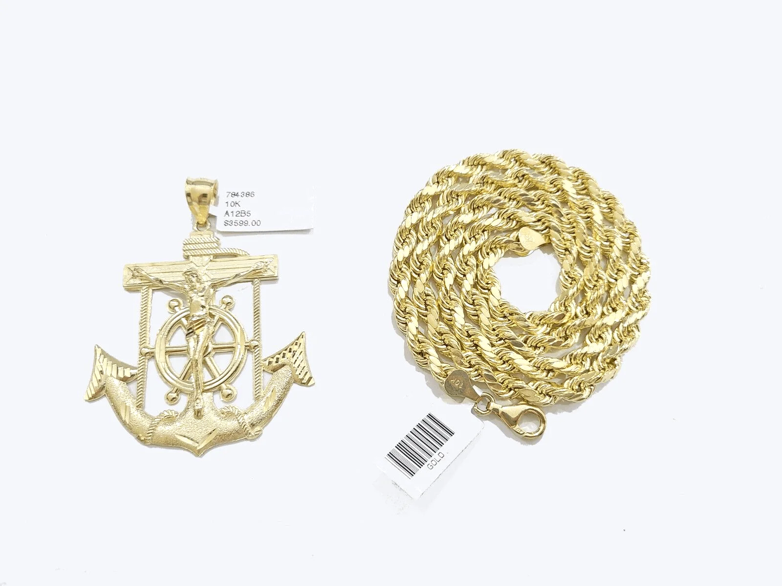 Real 10k Yellow Gold Rope Chain 22'' Necklace anchor cross charm pendant - Image 5