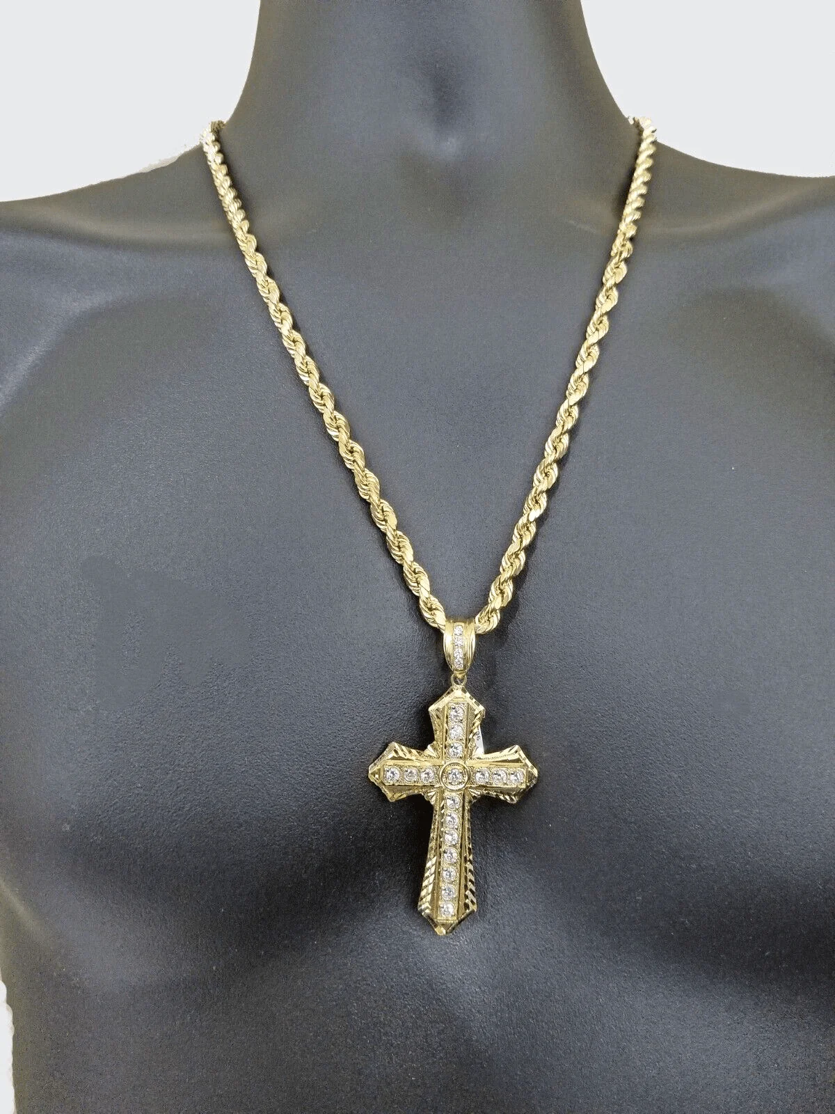 Real 10k Yellow Gold Rope Chain 24" inch Necklace And Cross Pendant 6mm - Image 4