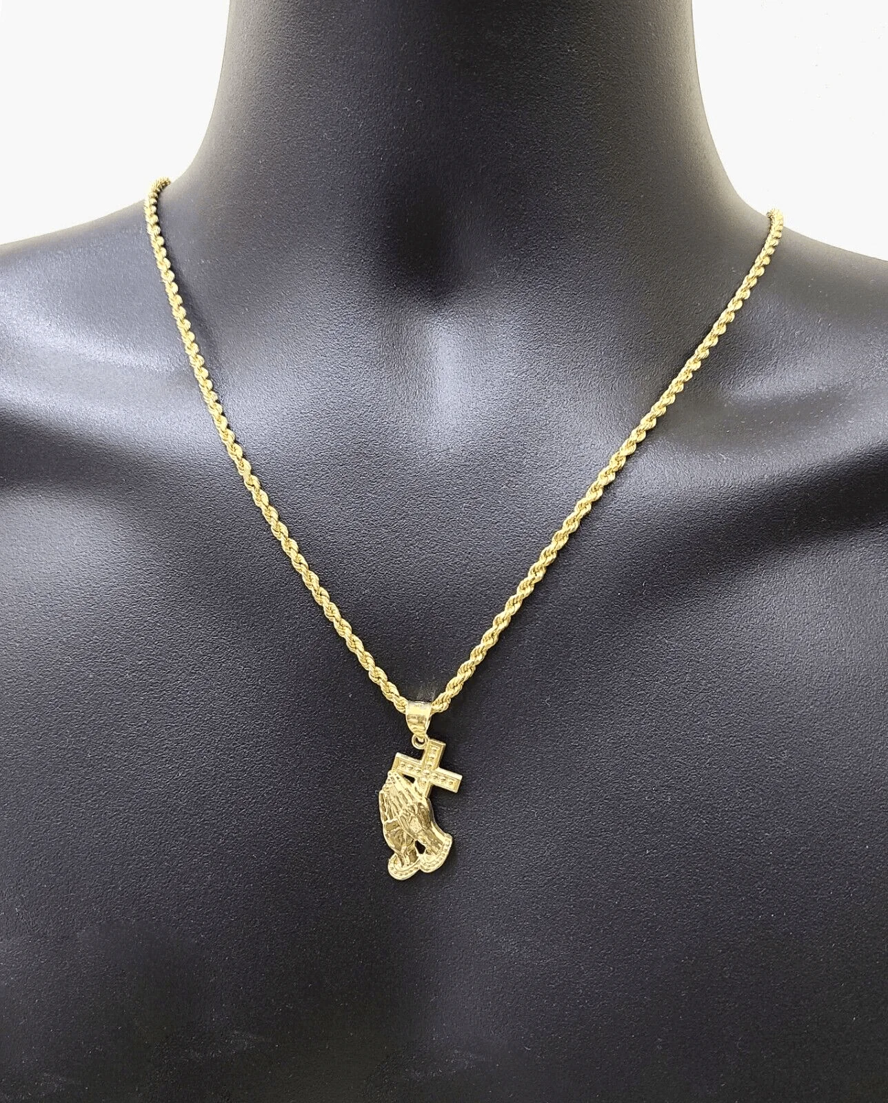 Real 10k Yellow Gold Rope Chain 24'' Necklace Praying Hand Cross Charm Pendant