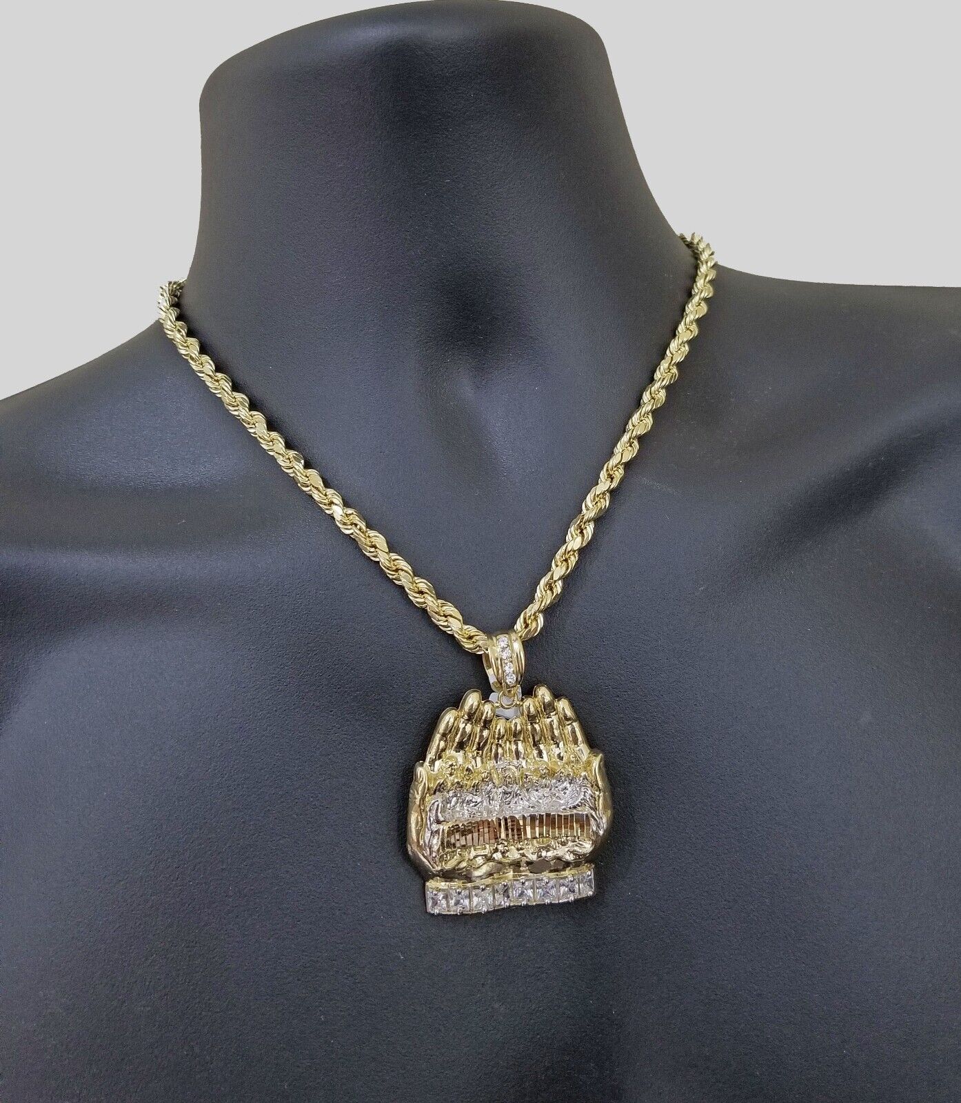 Real 10k Yellow Gold Rope Chain 24"  Necklace  Praying Hand Last Supper Pendant - Image 3