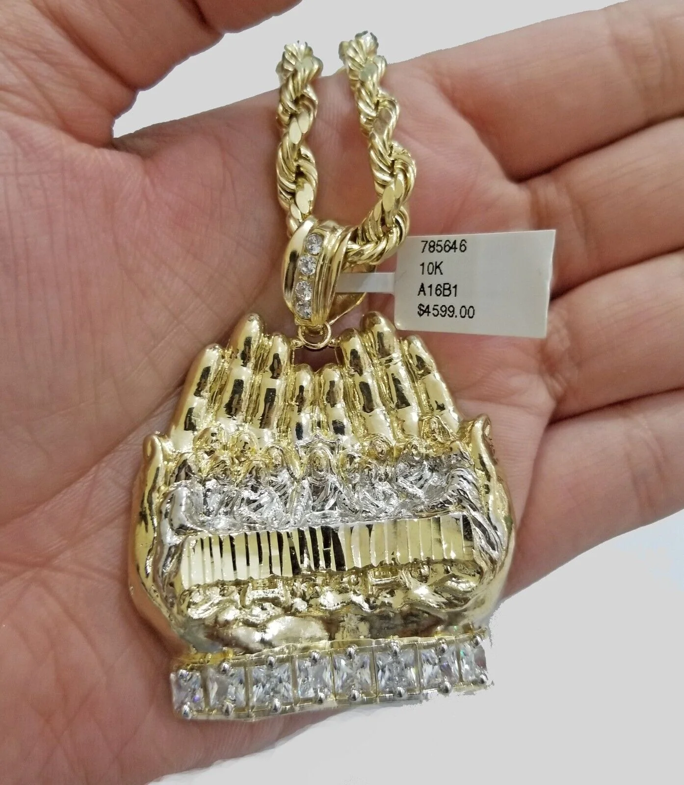 Real 10k Yellow Gold Rope Chain 24"  Necklace  Praying Hand Last Supper Pendant - Image 4