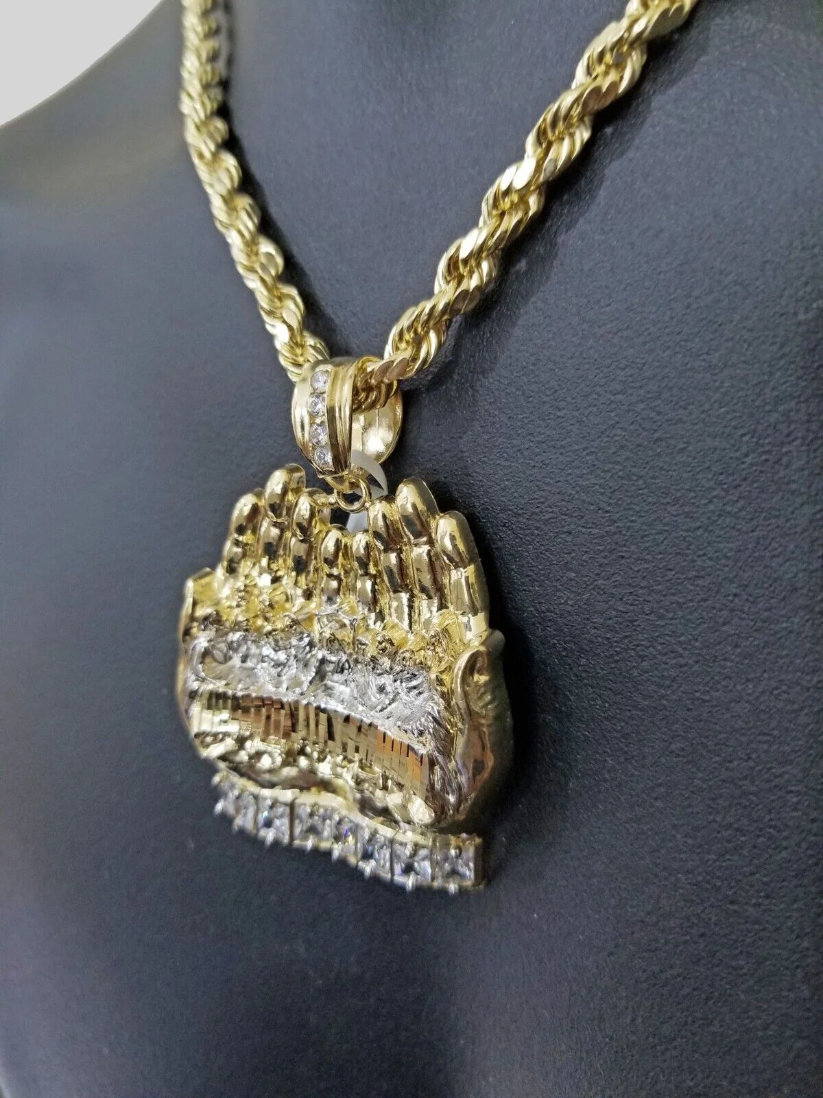 Real 10k Yellow Gold Rope Chain 24"  Necklace  Praying Hand Last Supper Pendant - Image 5