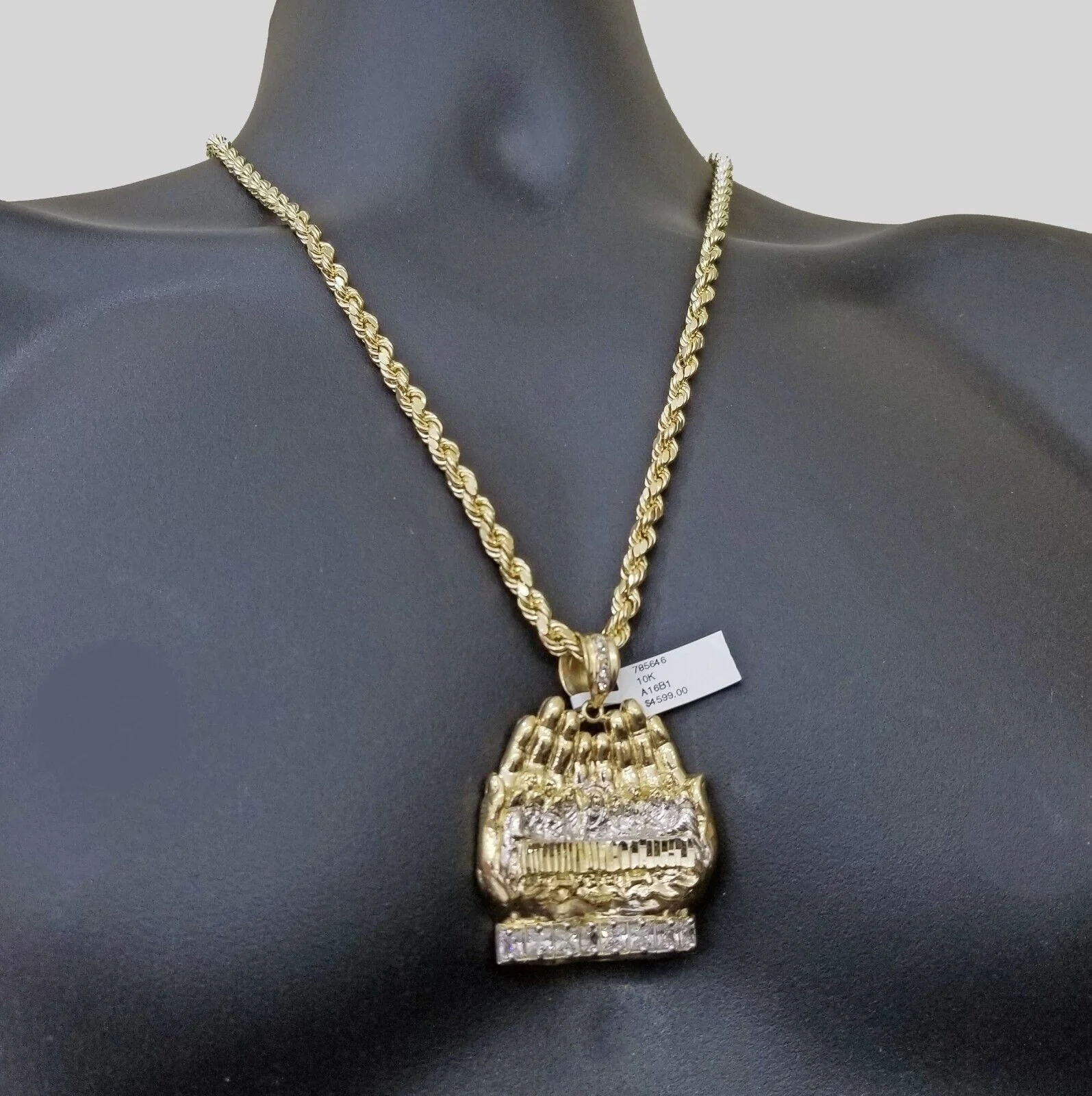 Real 10k Yellow Gold Rope Chain 24"  Necklace  Praying Hand Last Supper Pendant - Image 7