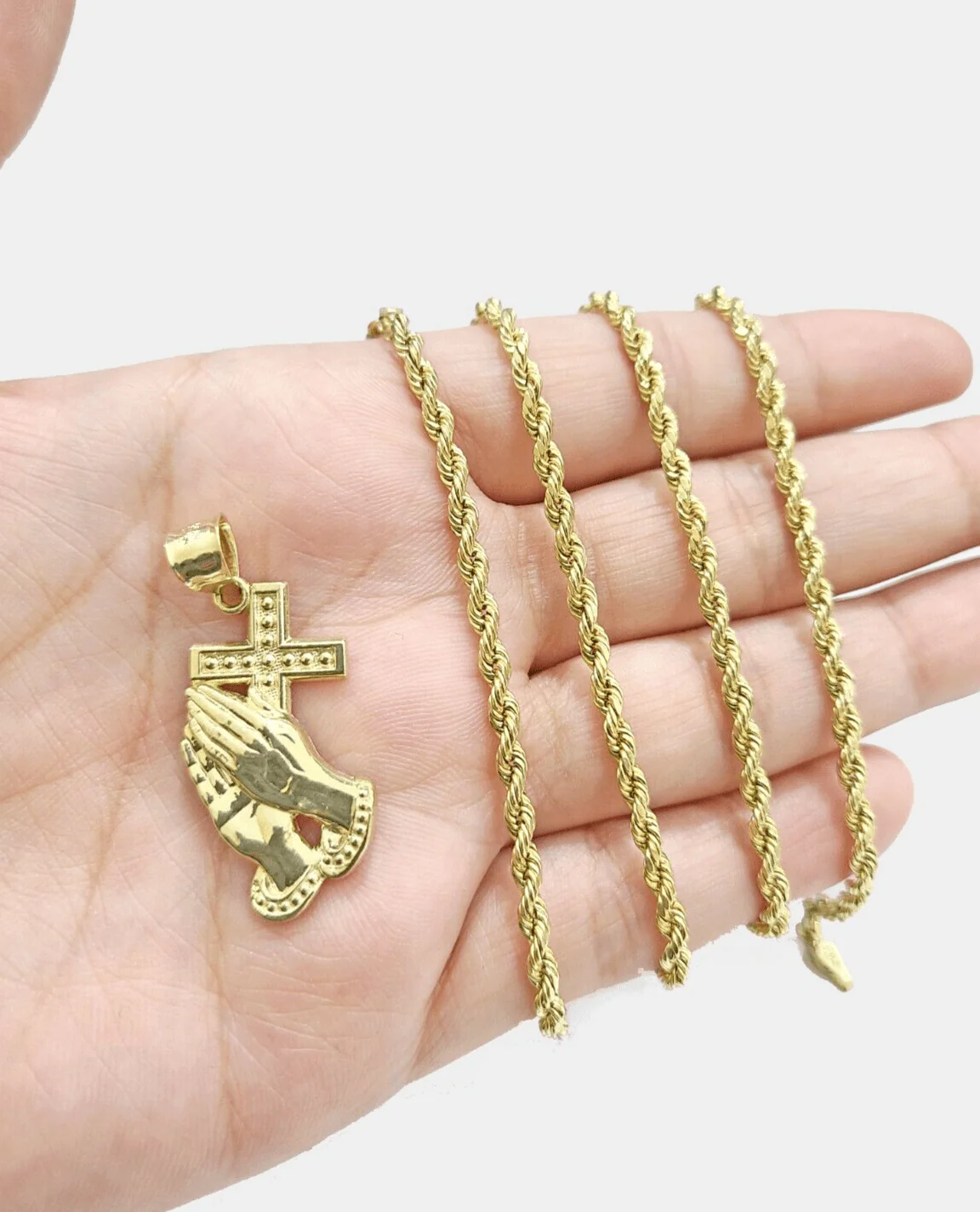 Real 10k Yellow Gold Rope Chain 26'' Necklace Praying Hand Cross Charm Pendant