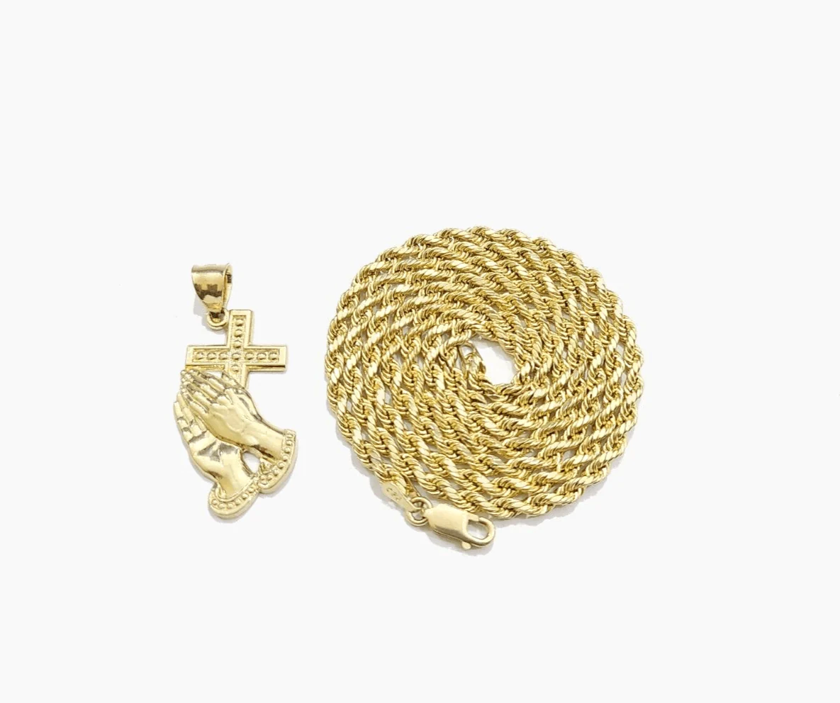 Real 10k Yellow Gold Rope Chain 26'' Necklace Praying Hand Cross Charm Pendant - Image 3