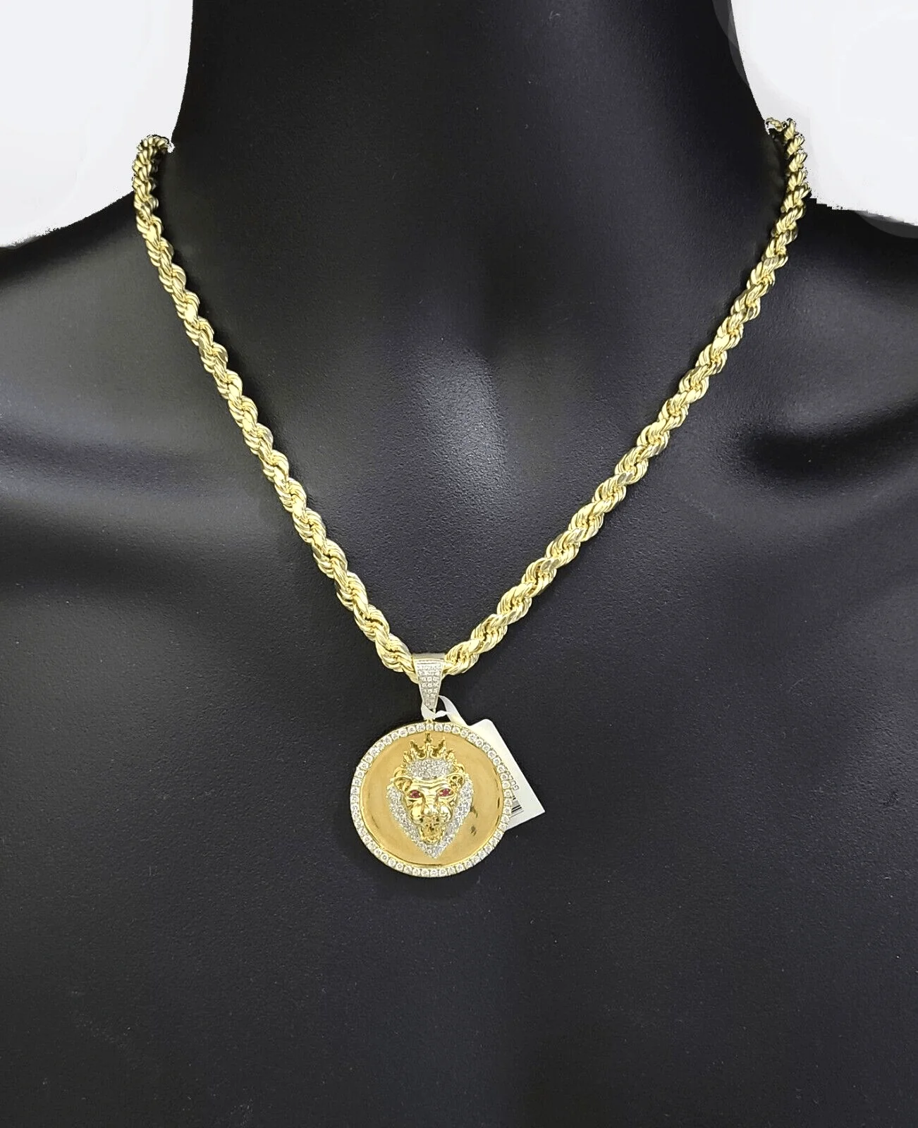 Real 10k Yellow Gold Rope Chain 28'' Necklace Lion Head Charm Diamond Pendant