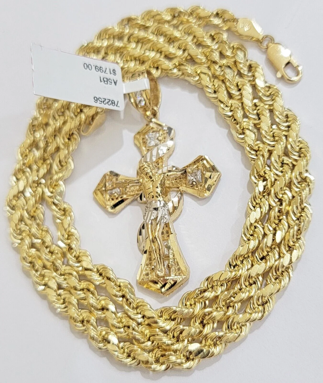 Real 10k Yellow Gold Rope Chain 5mm 26 inch Necklace & Jesus Cross Charm Pendant Set - Image 4