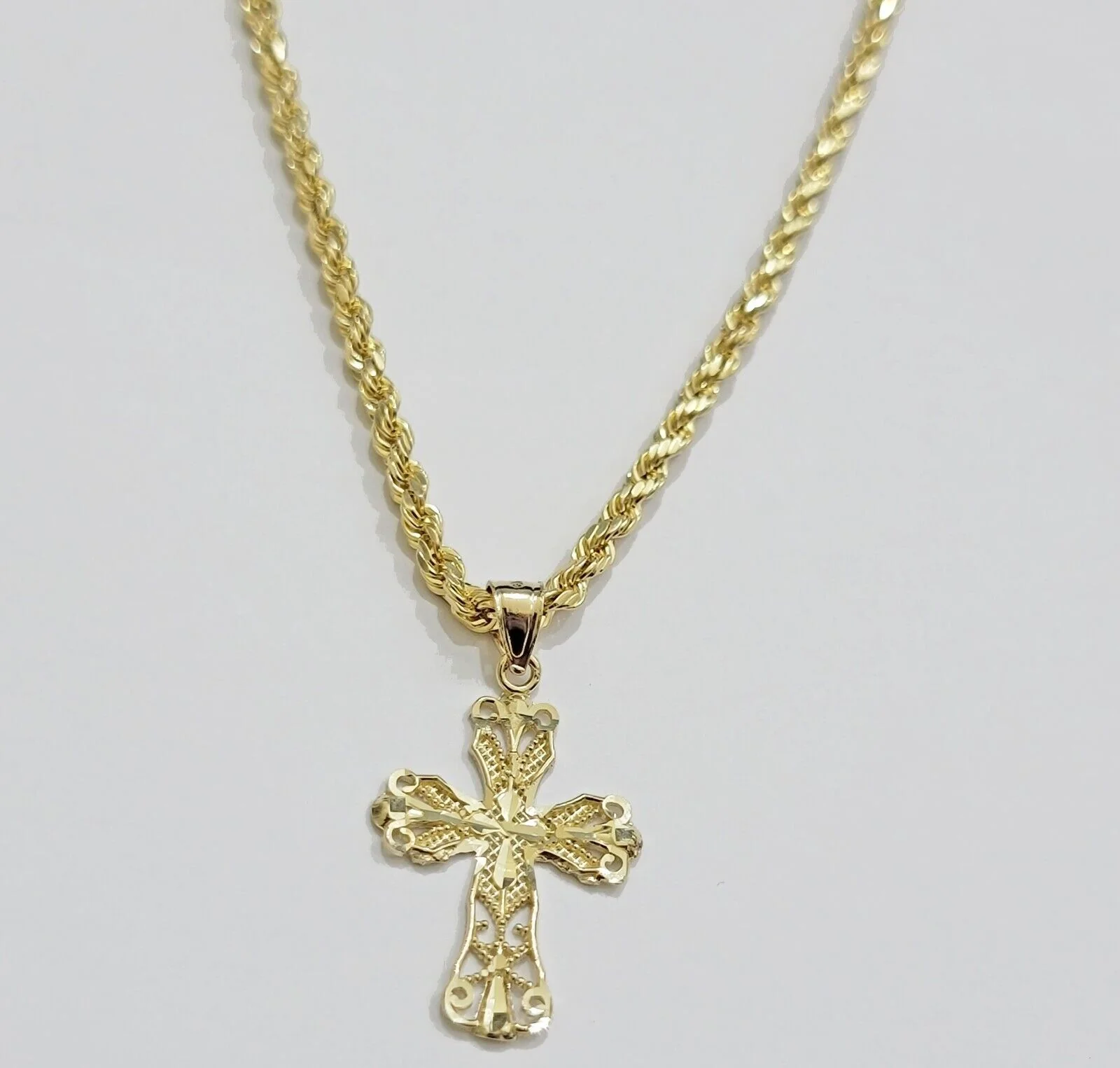 Real 10k Yellow Gold Rope Chain Cross Charm Pendant SET 3mm Necklace 18 -28 Inch - Image 3
