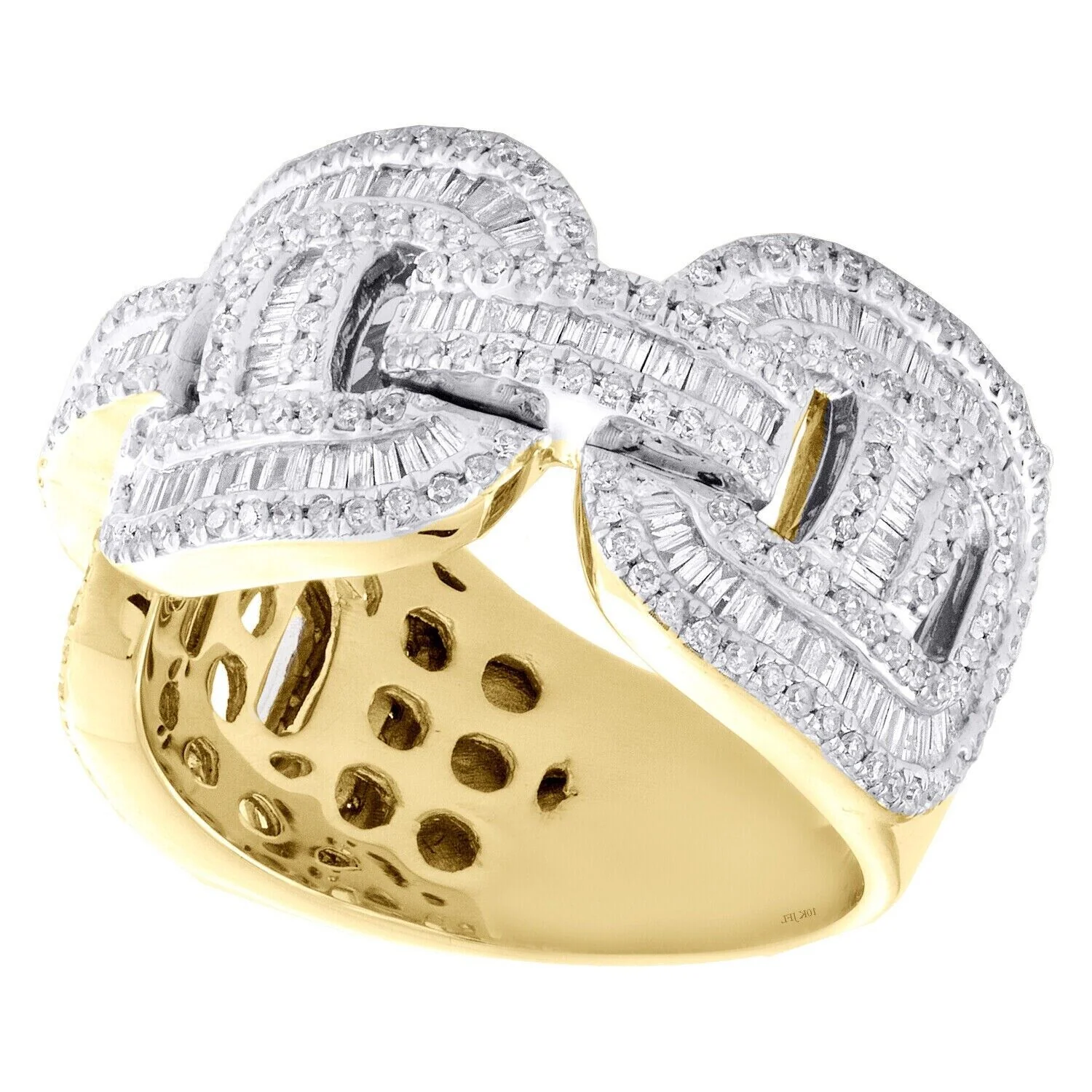 REAL 10K Yellow Gold Round Baguette Diamond Puff Link Cuban Band Ring 1.90CT AMB - Image 4
