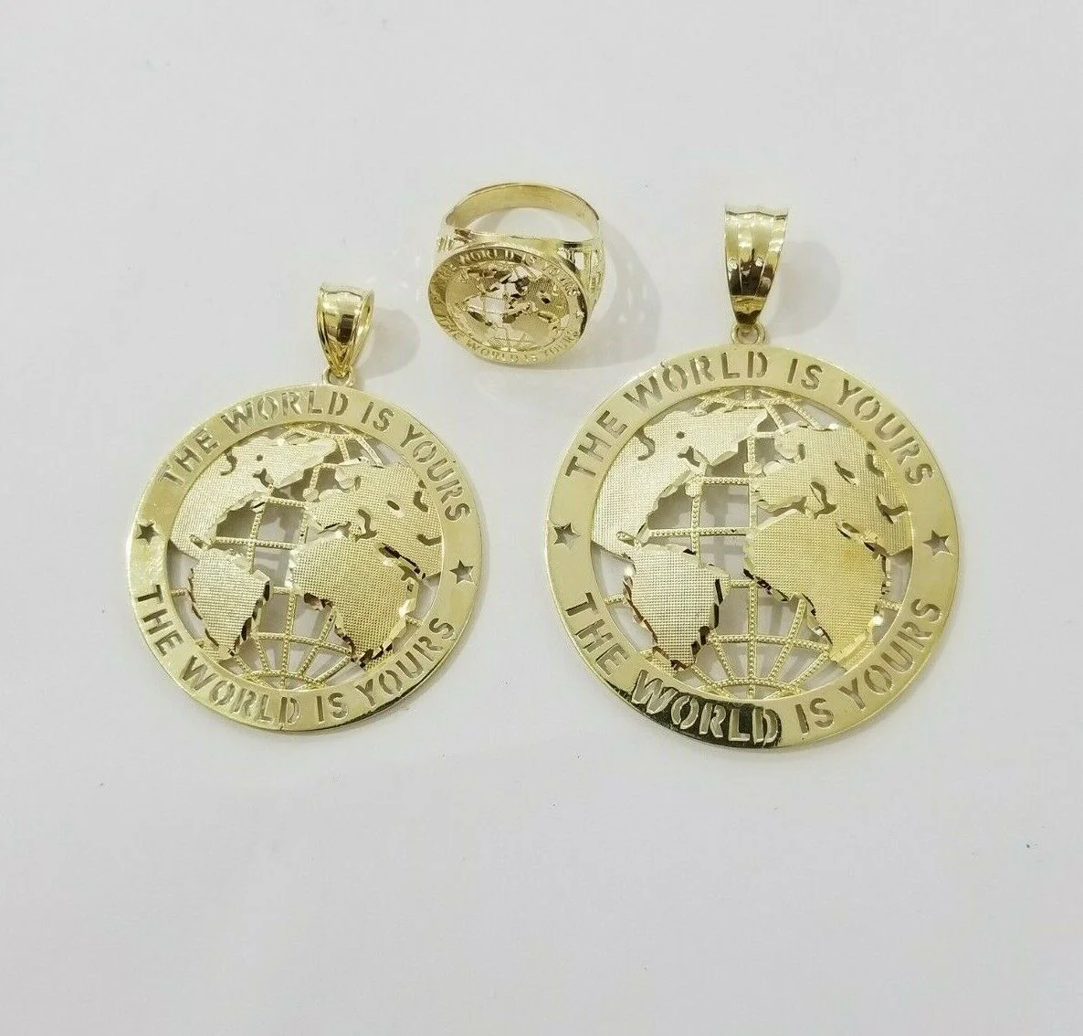 Real 10k Yellow Gold World Map Charm Pendant Ring The World Is Yours Engraved - Image 15