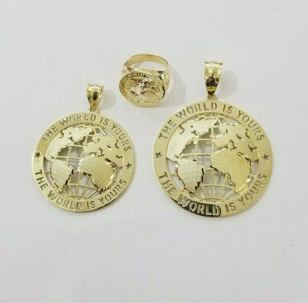 Real 10k Yellow Gold World Map Charm Pendant Ring The World Is Yours Engraved - Image 6