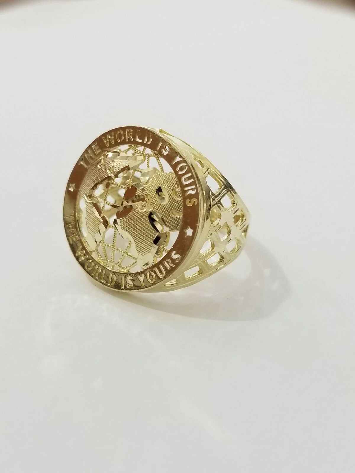 Real 10k Yellow Gold World Map Charm Pendant Ring The World Is Yours Engraved - Image 7