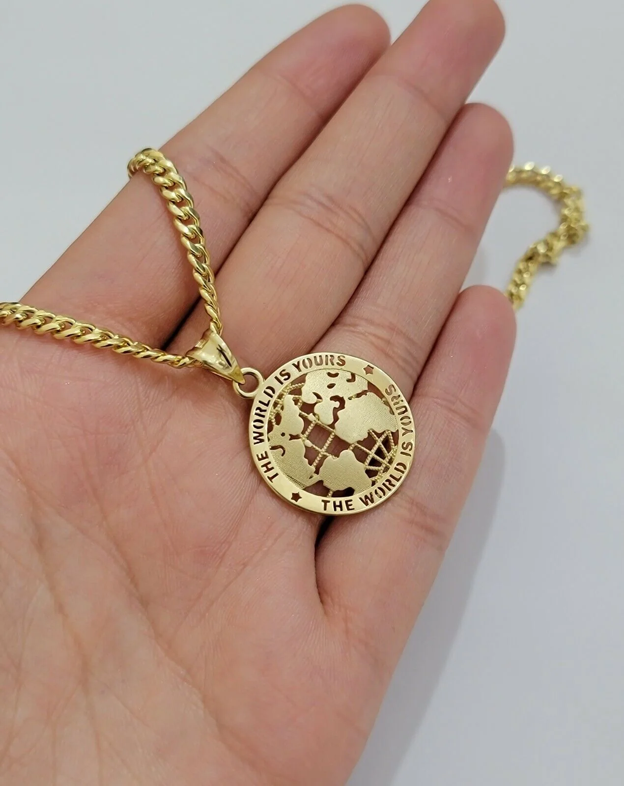 Real 10kt Gold Cuban Link Chain Pendant Set 18" 3.5mm Necklace World Map Charm - Image 5