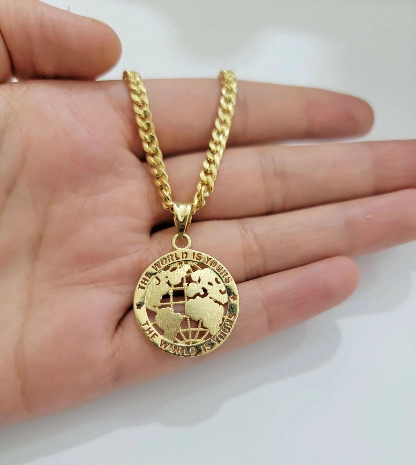 Real 10kt Gold Cuban Link Chain Pendant Set 18" 3.5mm Necklace World Map Charm - Image 7