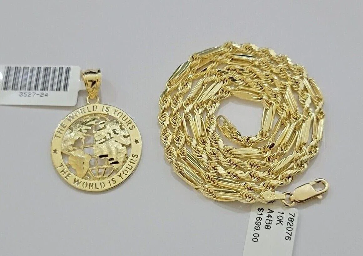 Real 10kt Gold Milano Rope Chain World Map Charm Pendant Set 18-24 Inch Necklace - Image 5