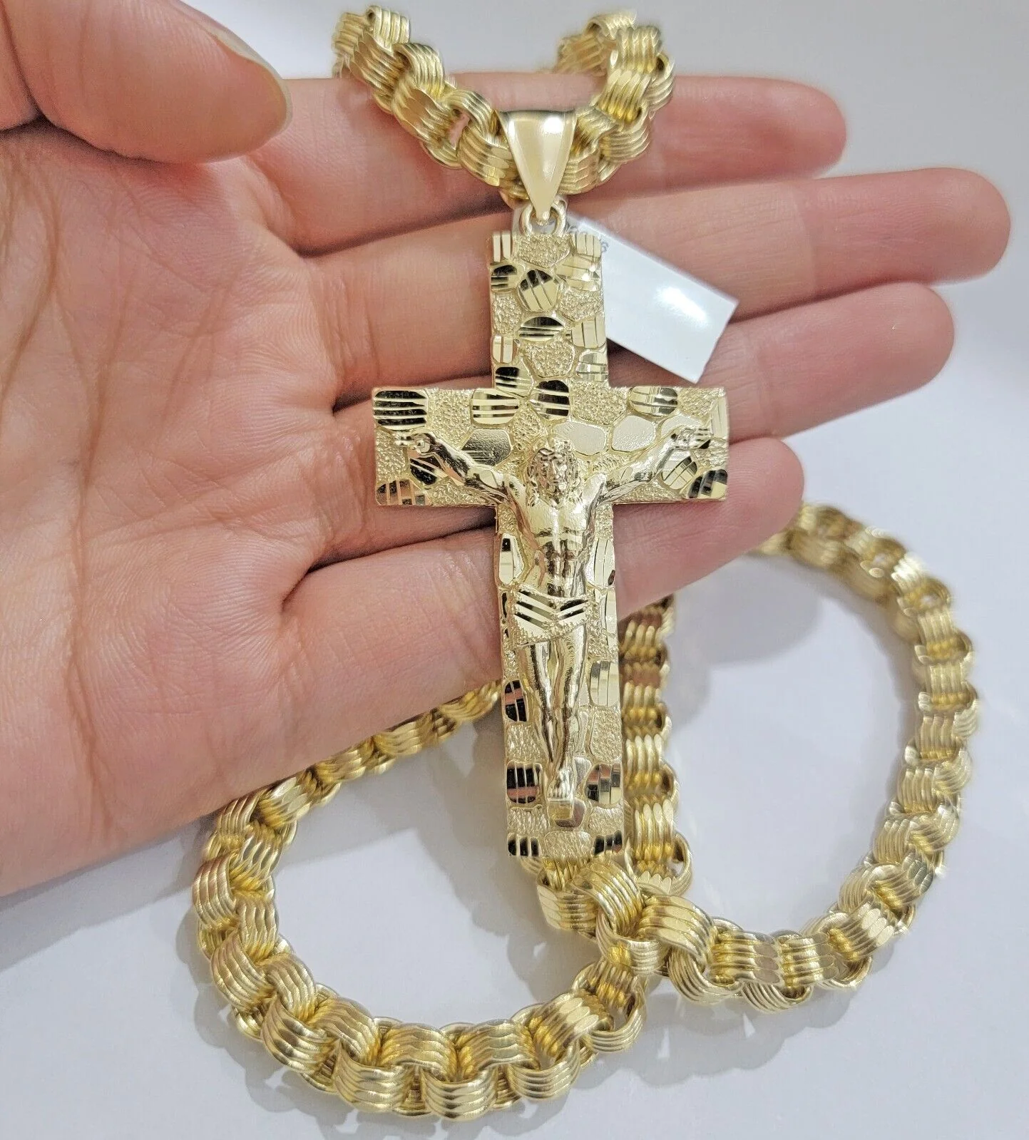 Real 10kt Yellow Gold Chain Pendant Byzantine Necklace Nugget Cross Charm SETS - Image 5