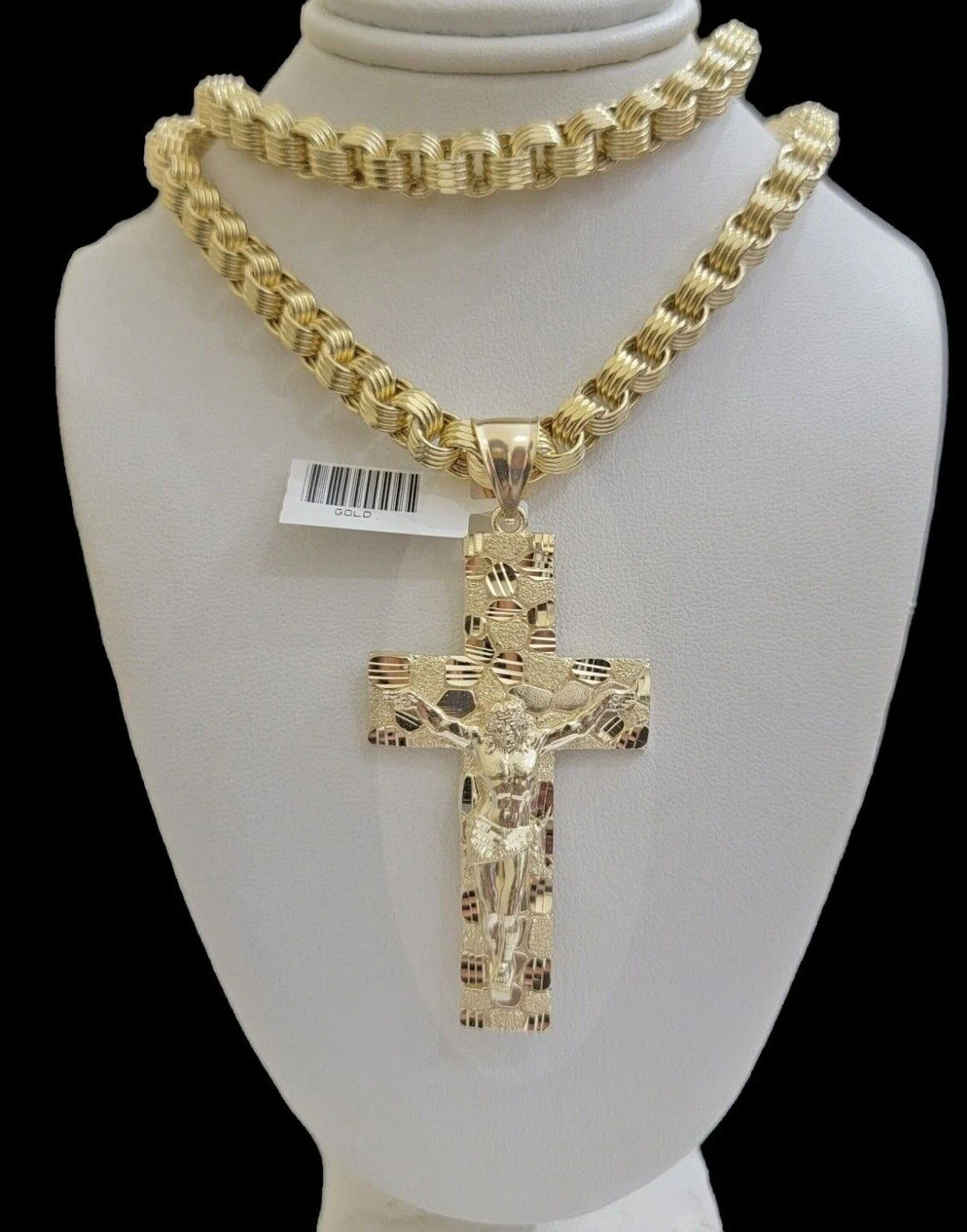 Real 10kt Yellow Gold Chain Pendant Byzantine Necklace Nugget Cross Charm SETS - Image 6