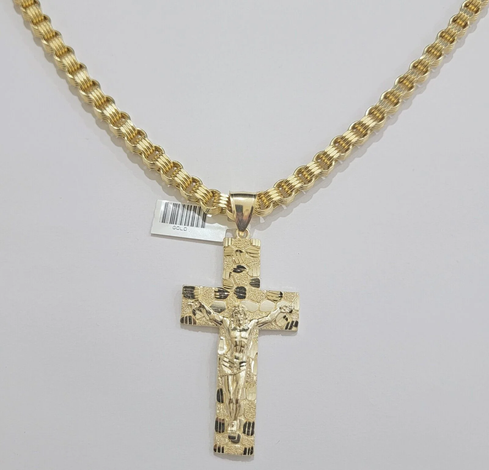 Real 10kt Yellow Gold Chain Pendant Byzantine Necklace Nugget Cross Charm SETS - Image 8
