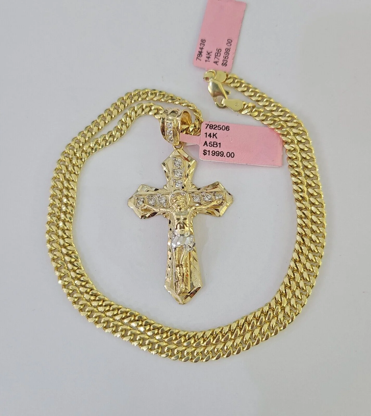 Real 14k Chain Cross Charm Set Miami Cuban Link 4mm Necklace Pendant Yellow Gold - Image 2