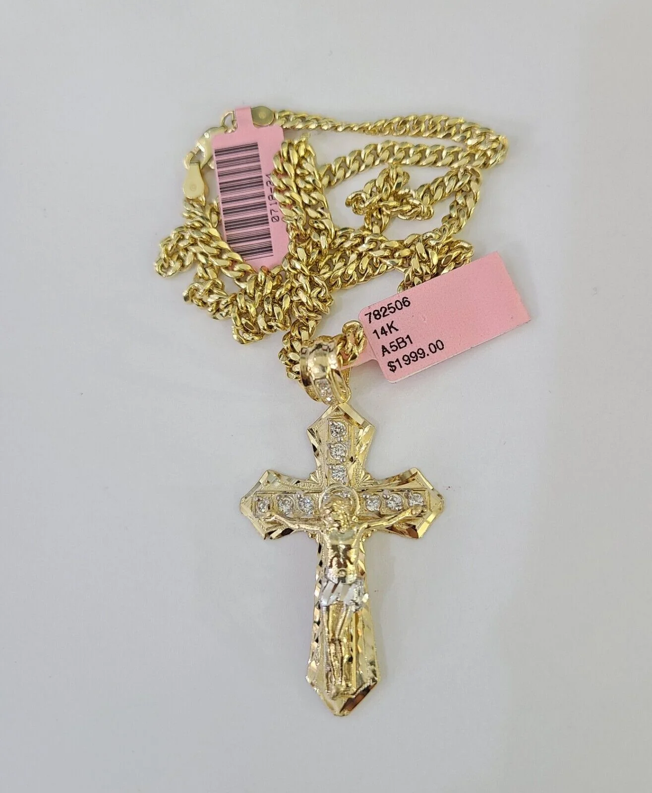 Real 14k Chain Cross Charm Set Miami Cuban Link 4mm Necklace Pendant Yellow Gold - Image 4
