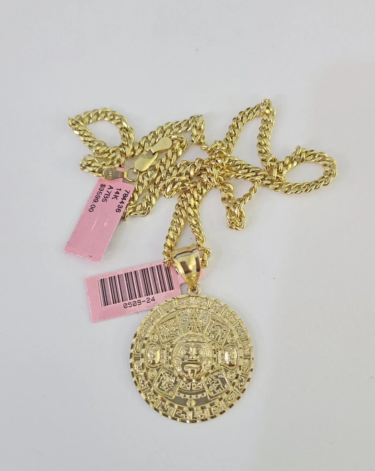 Real 14k Chain Mayan Calendar Charm Set Miami Cuban Link 4mm Necklace Pendant - Image 5