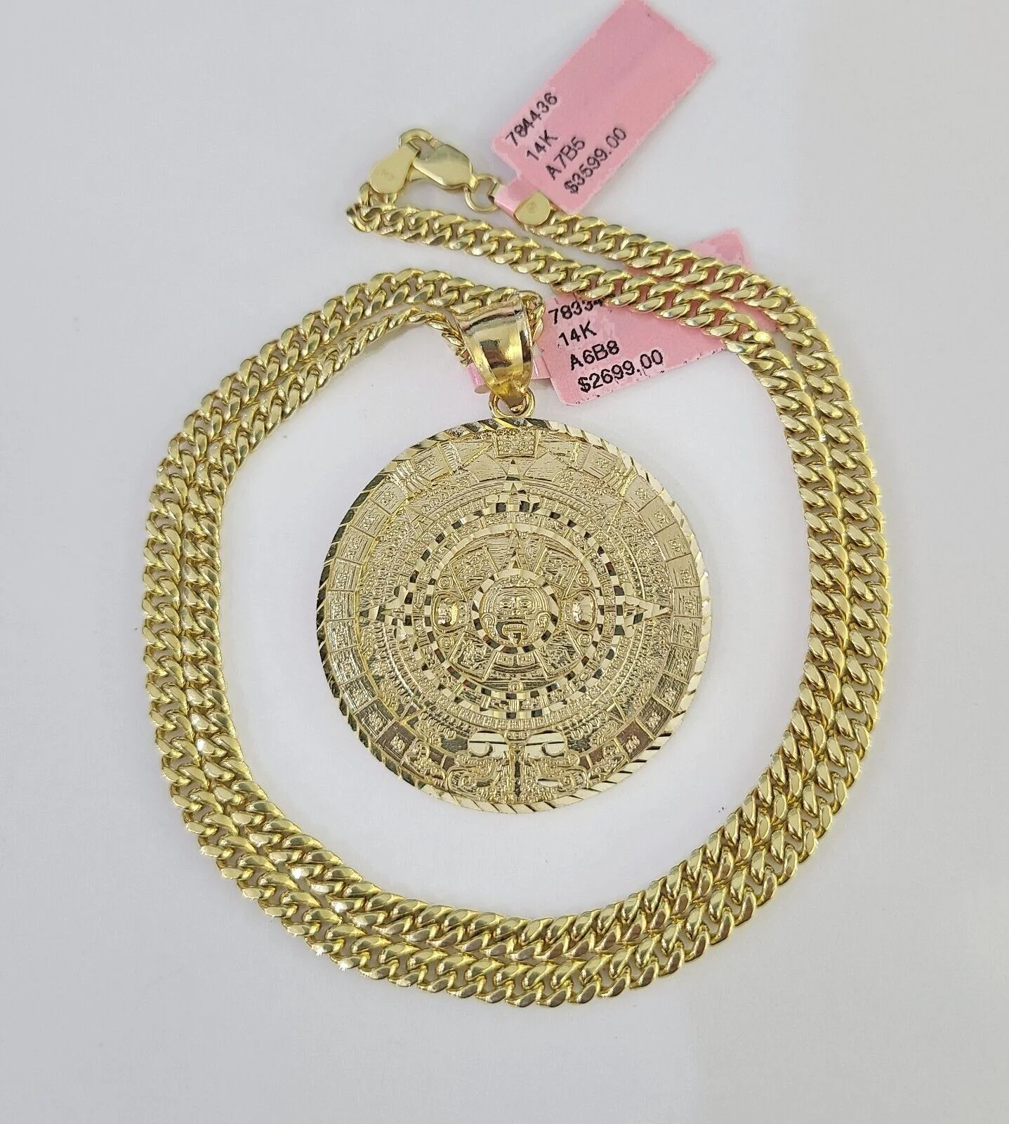 Real 14k Chain Mayan Calendar Charm Set Miami Cuban Link 4mm Necklace Pendant - Image 3