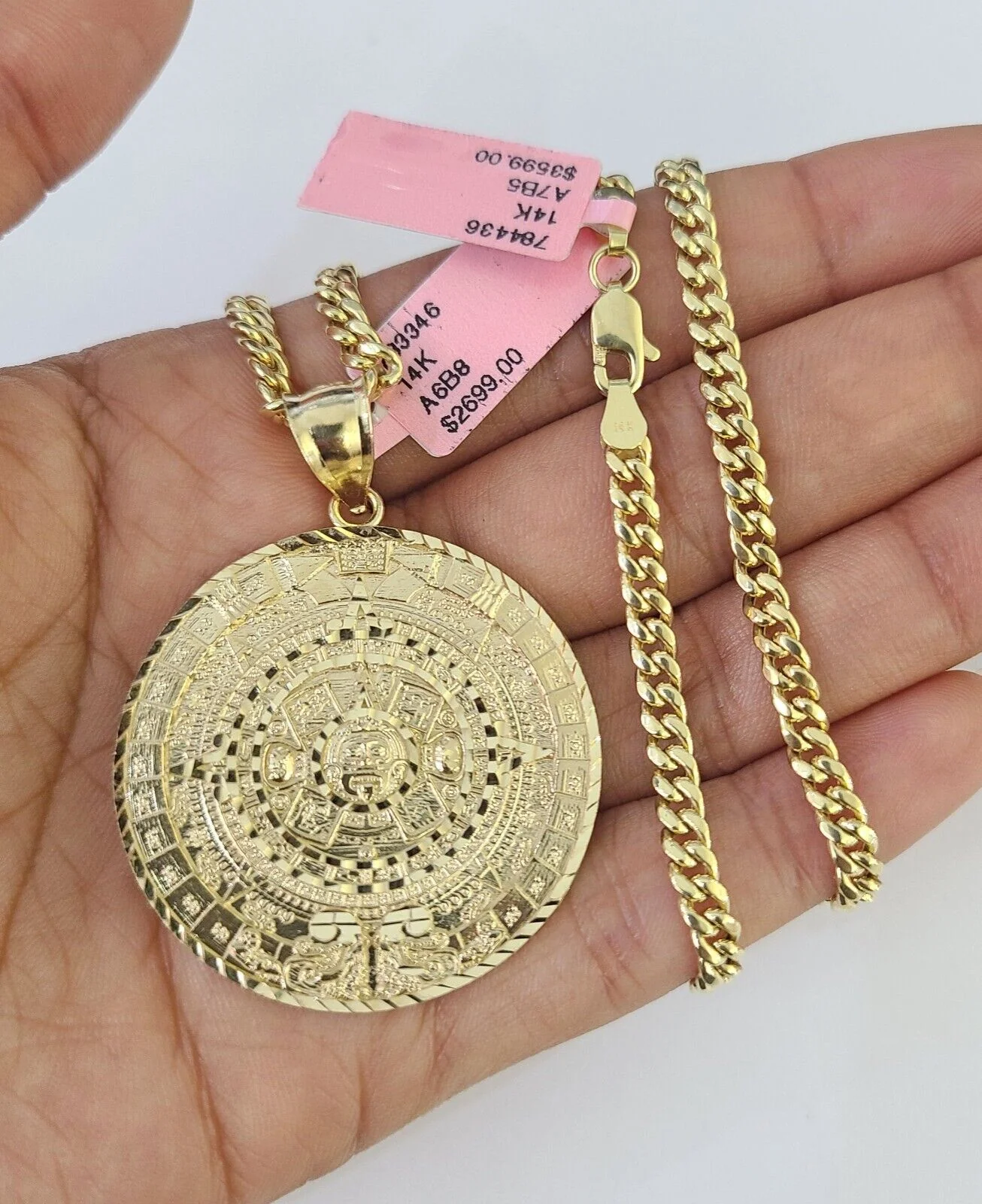 Real 14k Chain Mayan Calendar Charm Set Miami Cuban Link 4mm Necklace Pendant - Image 6