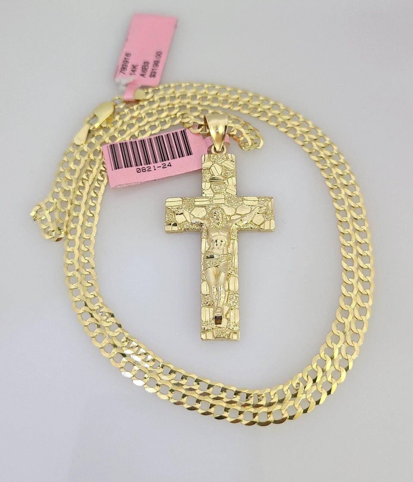 Real 14k Gold Chain Jesus Cross Pendant Set 14kt Cuban Curb Chain 4mm Charm - Image 9