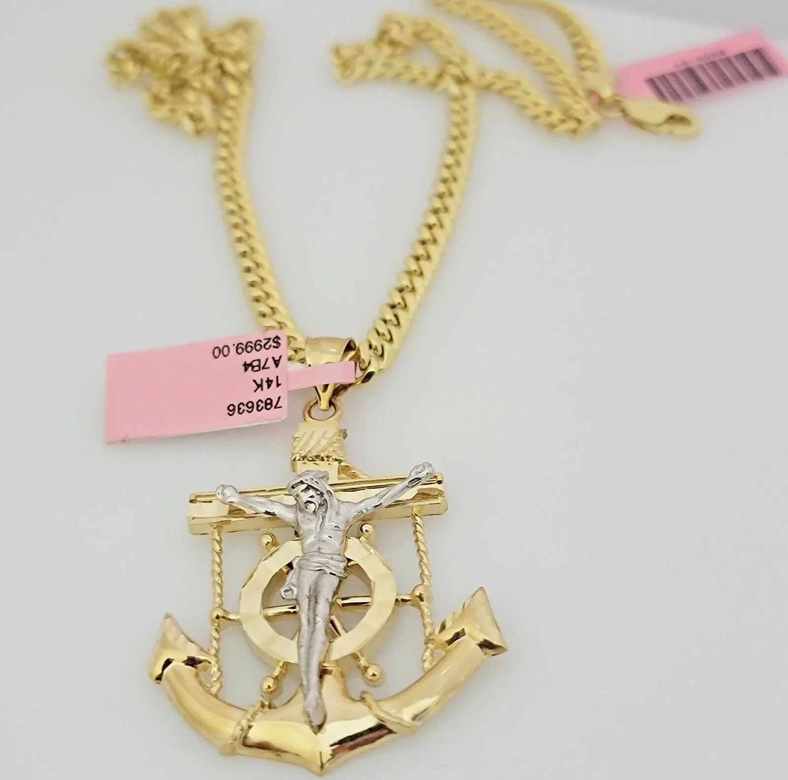 Real 14k Gold Miami Cuban Link Chain Jesus Anchor Charm Pendant SET 5mm Necklace - Image 3