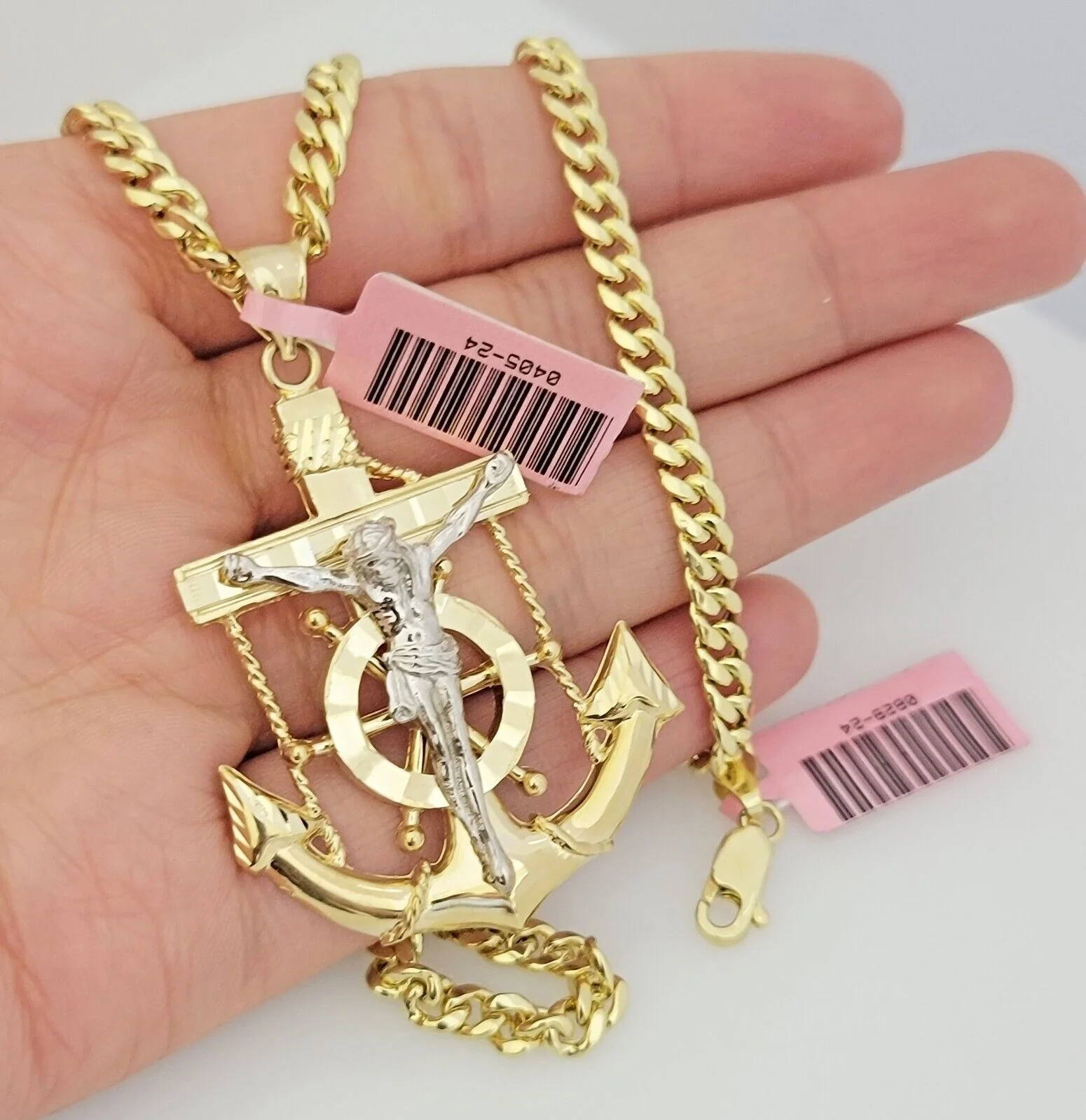 Real 14k Gold Miami Cuban Link Chain Jesus Anchor Charm Pendant SET 5mm Necklace - Image 5