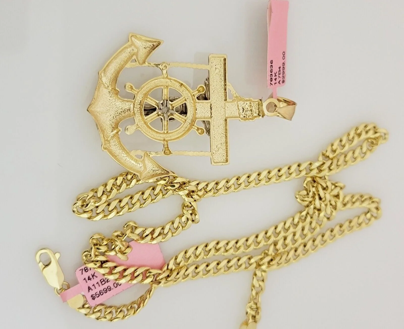 Real 14k Gold Miami Cuban Link Chain Jesus Anchor Charm Pendant SET 5mm Necklace - Image 8