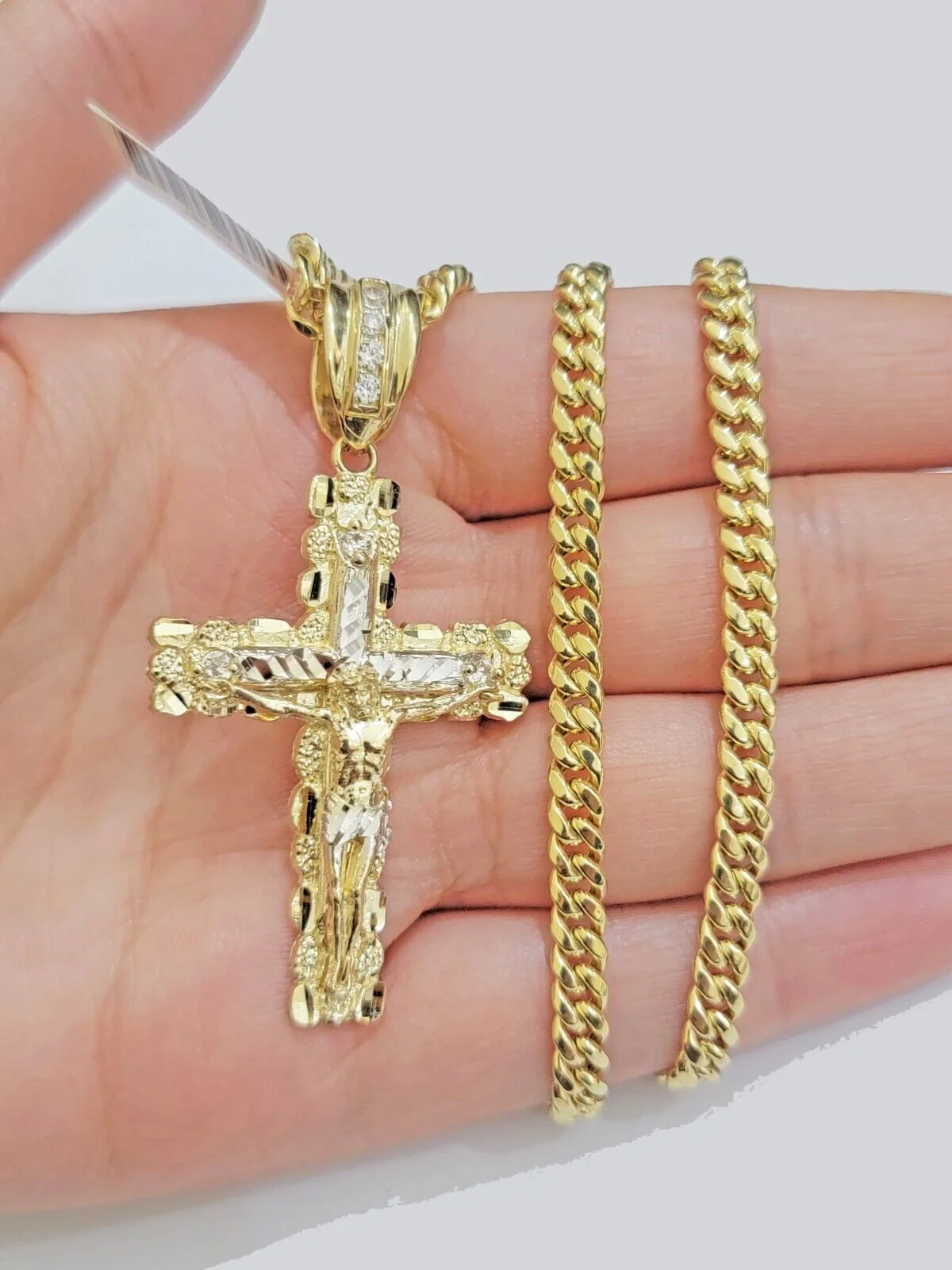Real 14k Gold Nugget Cross pendant Cuban Link Chain 4.5mm 22" Necklace Charm Set - Image 5