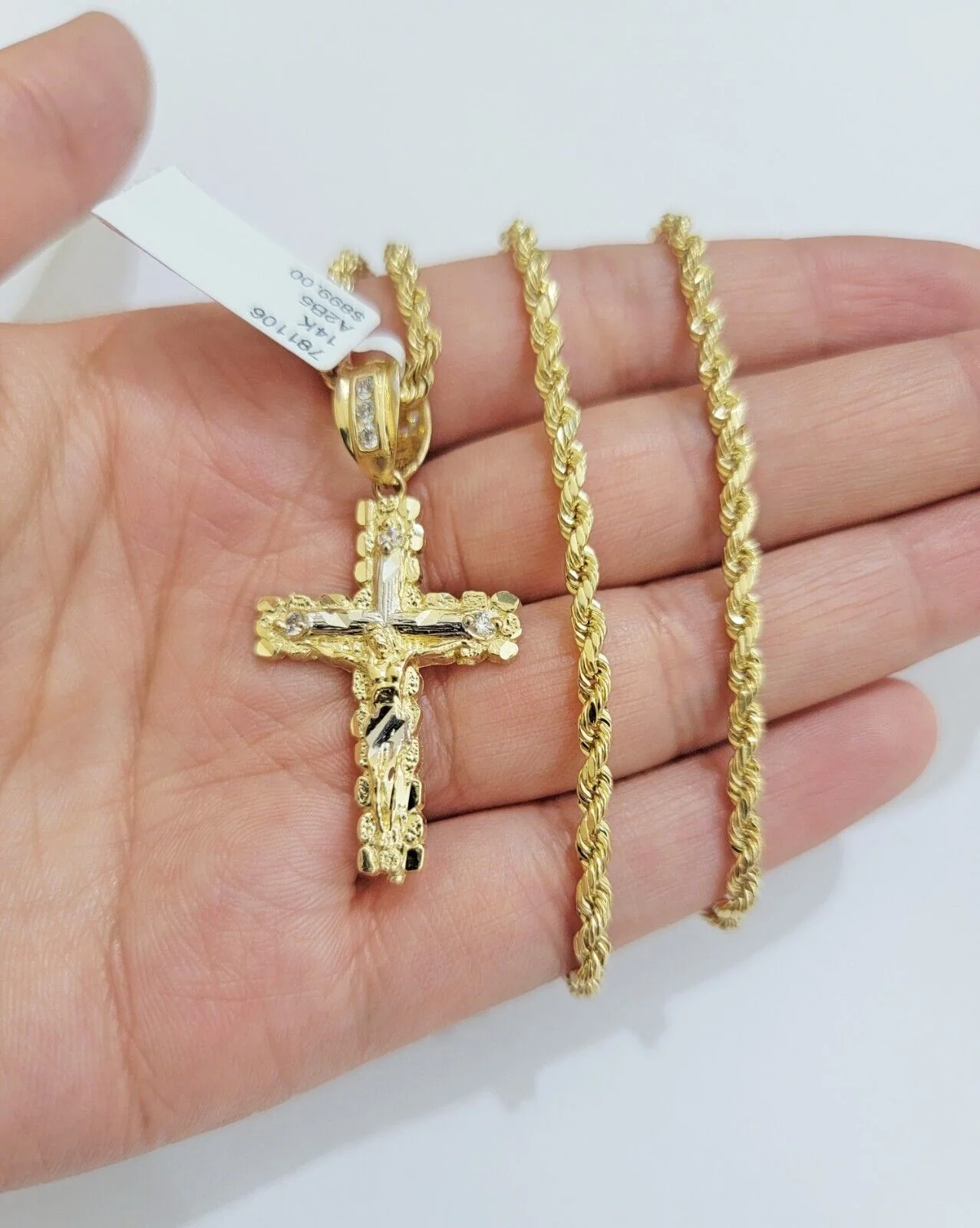 Real 14k Gold Rope Chain Necklace Jesus Cross Charm Pendant Set 16-28" inch 3mm - Image 3