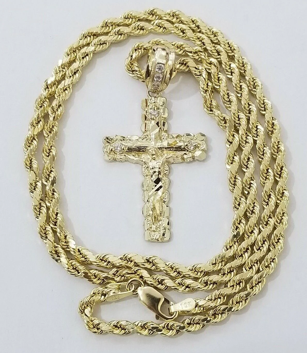 Real 14k Gold Rope Chain Necklace Jesus Cross Charm Pendant Set 16-28" inch 3mm - Image 5