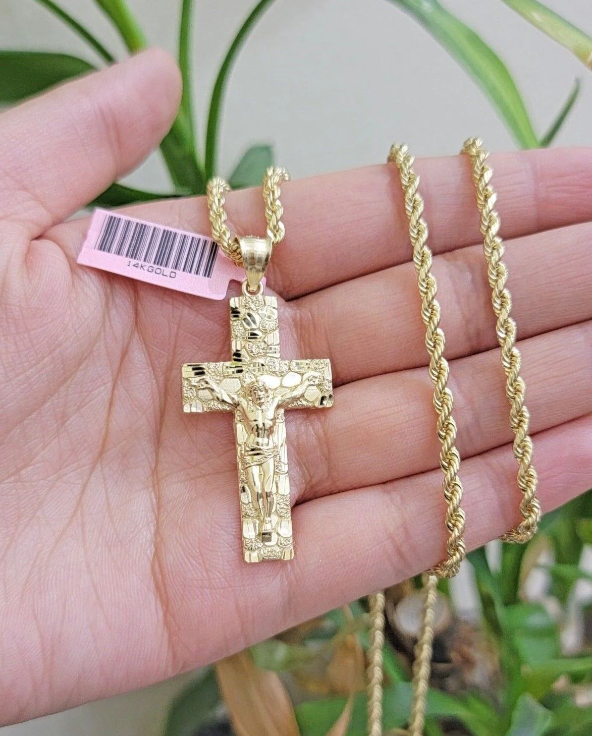 REAL 14k Gold Rope Chain Necklace Nugget Cross Charm Pendant SET 3mm 18 -26 Inch - Image 8