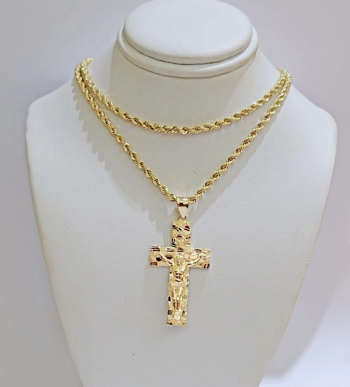 REAL 14k Gold Rope Chain Necklace Nugget Cross Charm Pendant SET 3mm 18 -26 Inch - Image 9