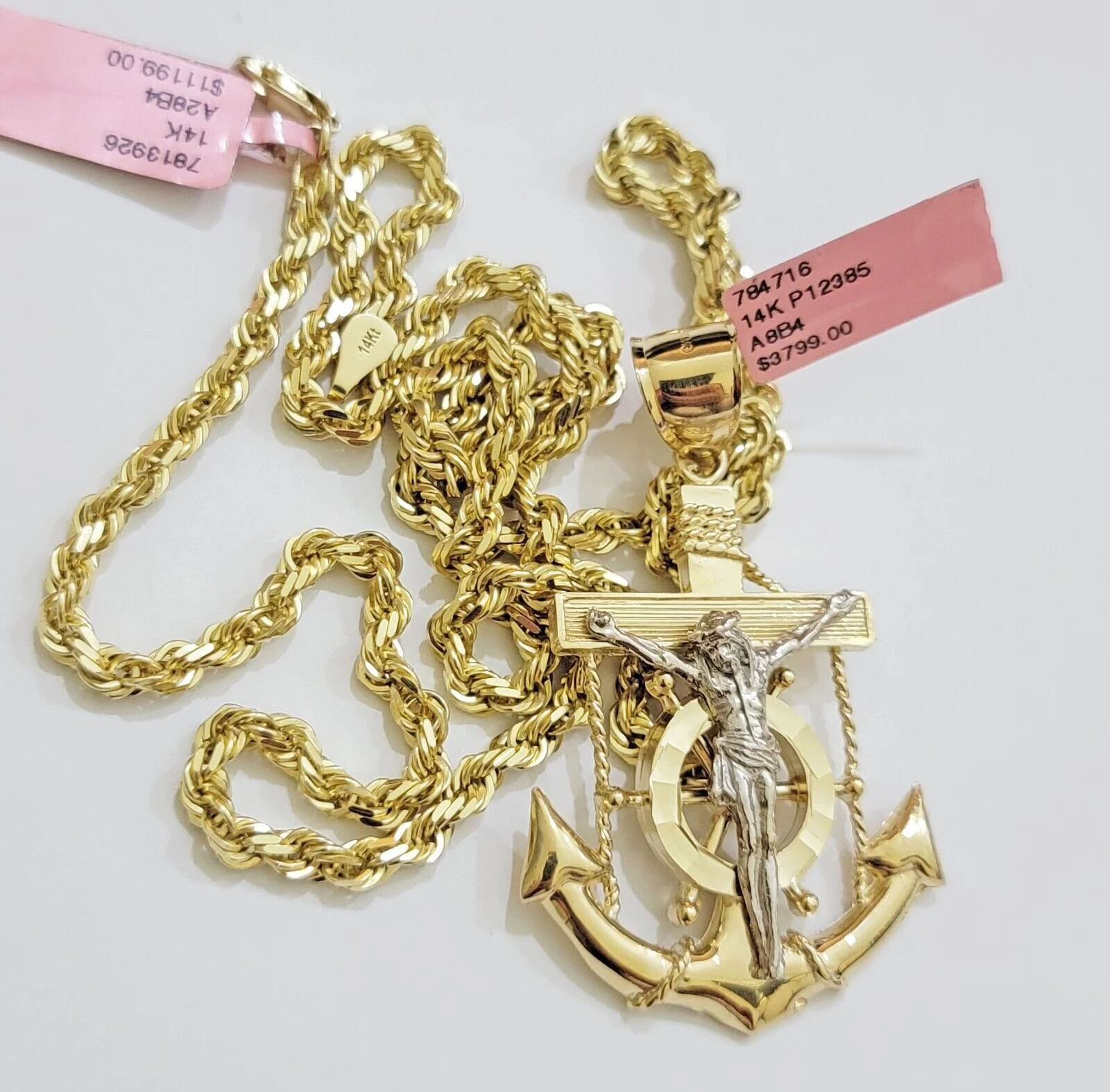 REAL 14k Gold Rope Necklace Anchor Charm Pendant SET SOLID 4mm 20 Inch Necklace - Image 4