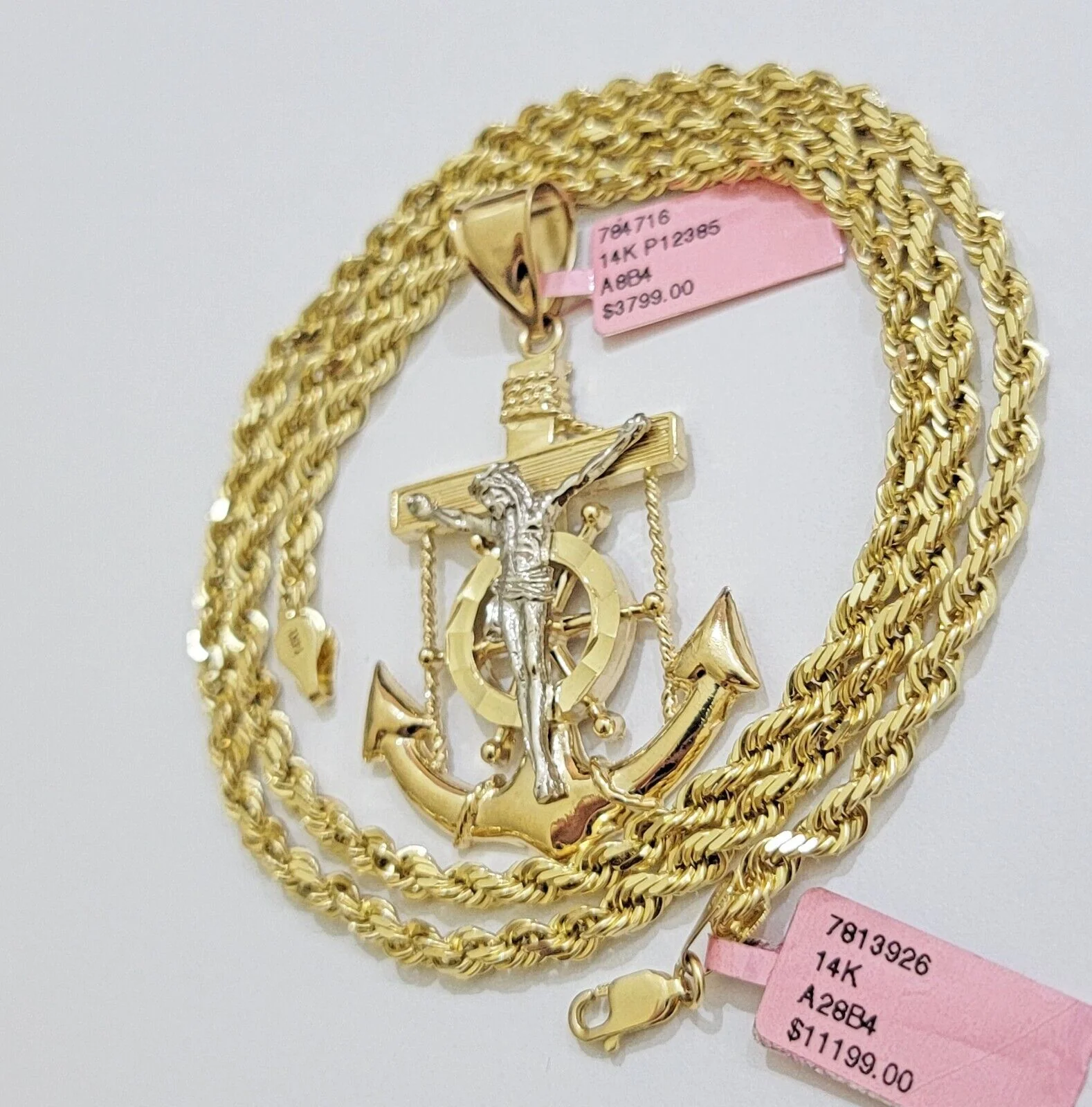 REAL 14k Gold Rope Necklace Anchor Charm Pendant SET SOLID 4mm 20 Inch Necklace - Image 8