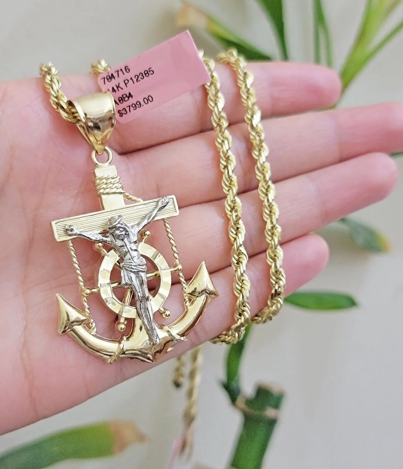 REAL 14k Gold Rope Necklace Anchor Charm Pendant SET SOLID 4mm 22 Inch Necklace - Image 2