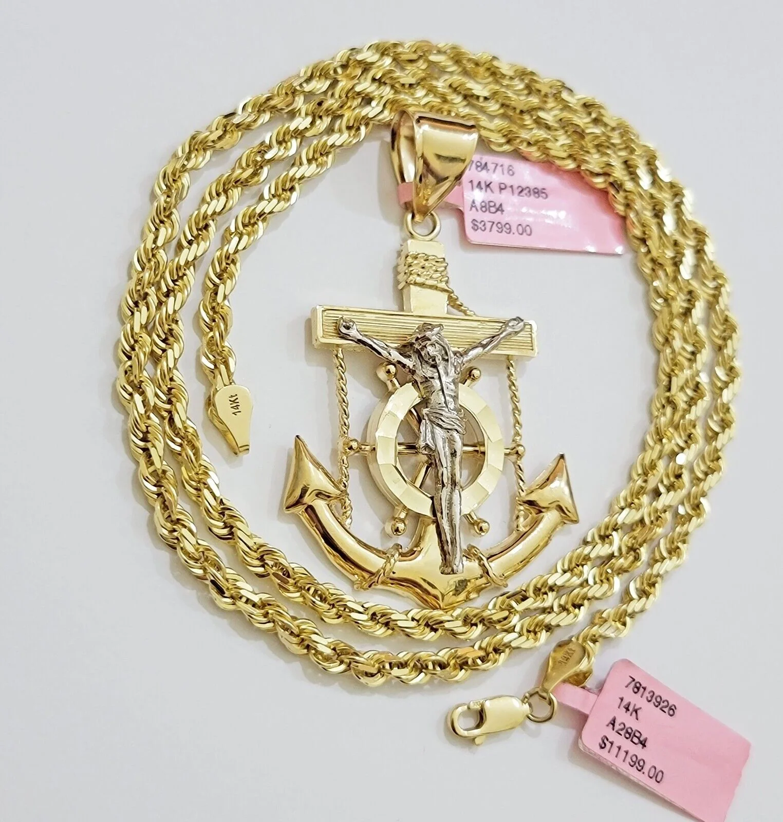 REAL 14k Gold Rope Necklace Anchor Charm Pendant SET SOLID 4mm 22 Inch Necklace - Image 4
