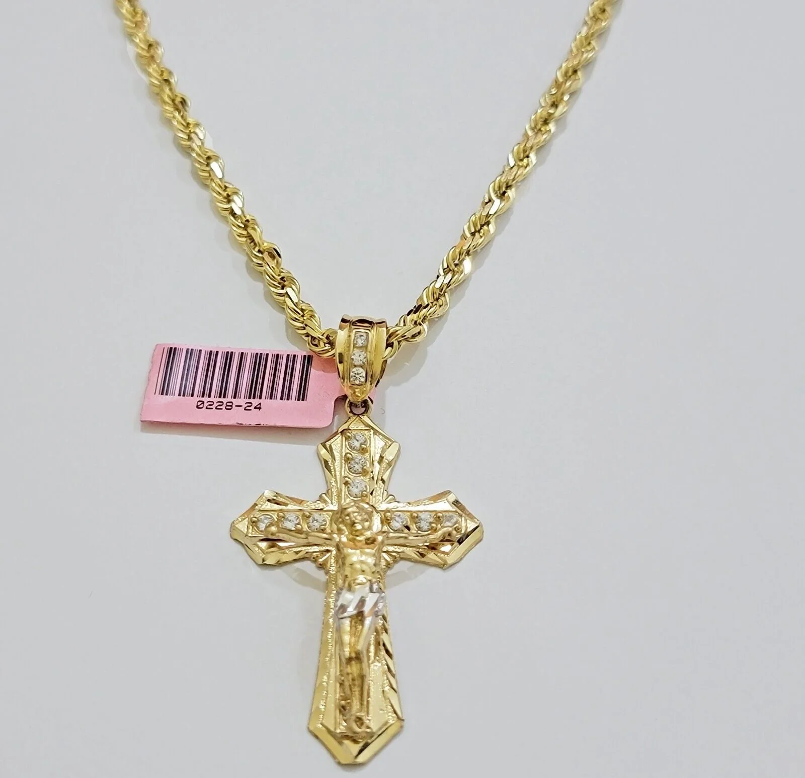 REAL 14k Gold Rope Necklace Cross Charm Pendant SET SOLID 4mm 20" Choker Chain - Image 4