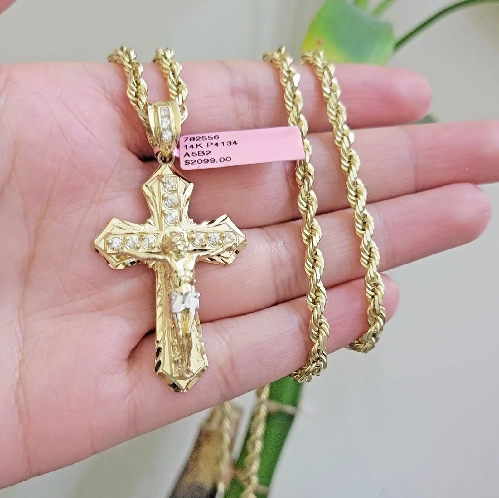 REAL 14k Gold Rope Necklace Cross Charm Pendant SET SOLID 4mm 20" Choker Chain - Image 5