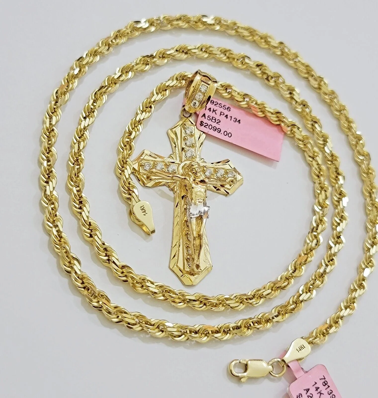 REAL 14k Gold Rope Necklace Cross Charm Pendant SET SOLID 4mm 20" Choker Chain - Image 7