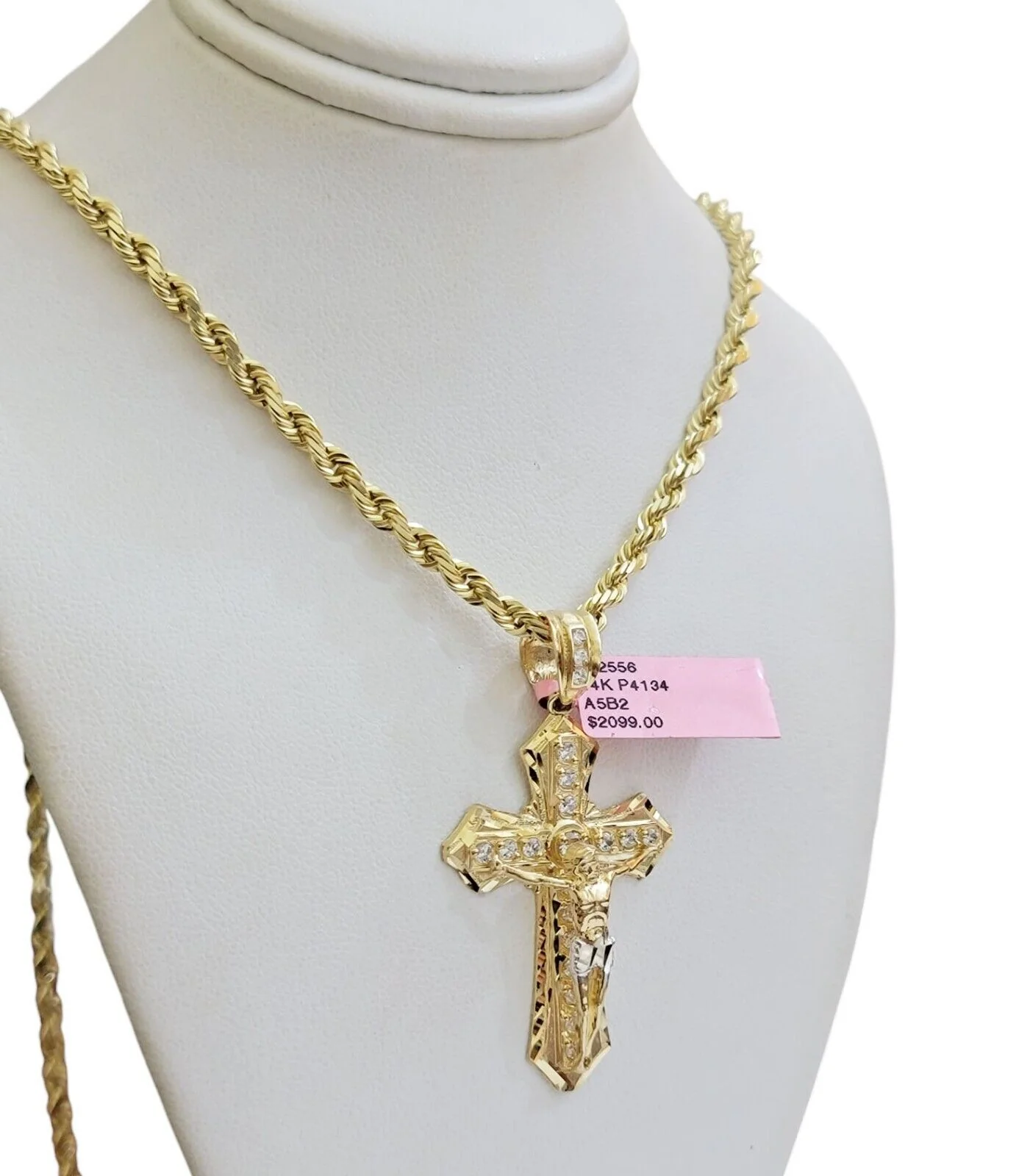 REAL 14k Gold Rope Necklace Cross Charm Pendant SET SOLID 4mm 22 Inch Chain Mens - Image 4