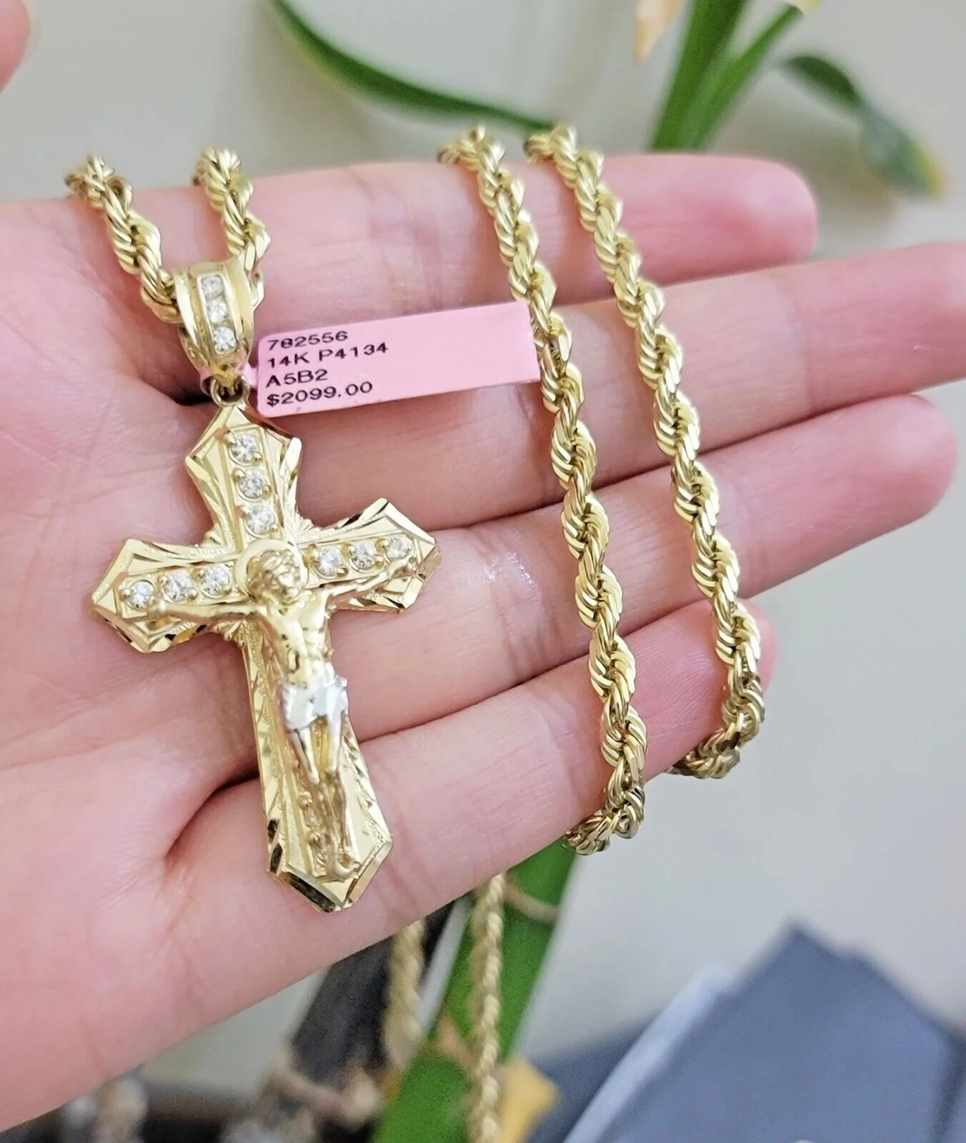 REAL 14k Gold Rope Necklace Cross Charm Pendant SET SOLID 4mm 22 Inch Chain Mens - Image 5