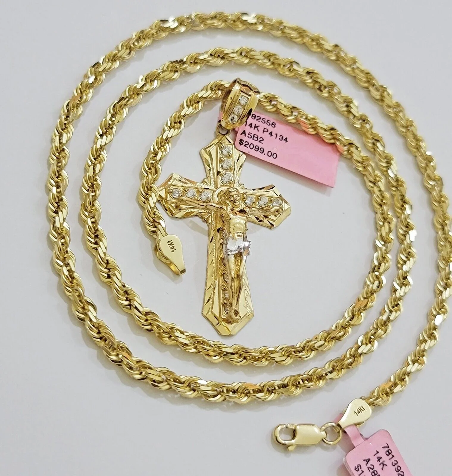 REAL 14k Gold Rope Necklace Cross Charm Pendant SET SOLID 4mm 26 Inch Chain Mens - Image 3