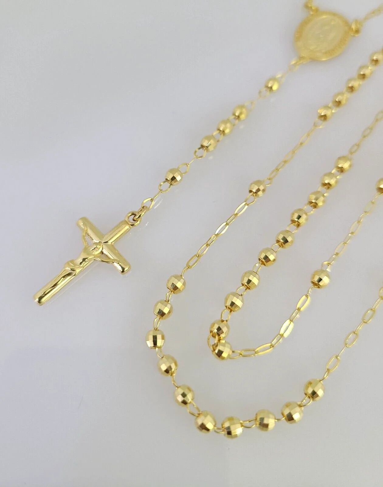 Real 14k Gold Rosary Necklace Jesus Cross Women Diamond Cut Chain 16 INCHES - Image 4