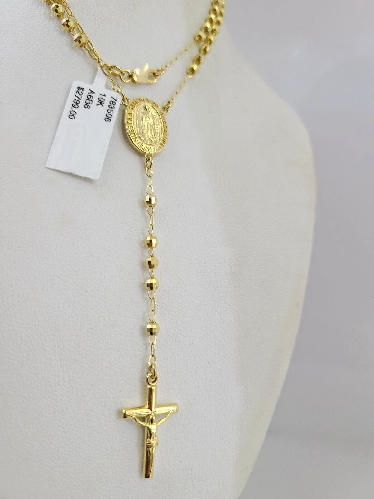 Real 14k Gold Rosary Necklace Jesus Cross Women Diamond Cut Chain 16 INCHES - Image 7